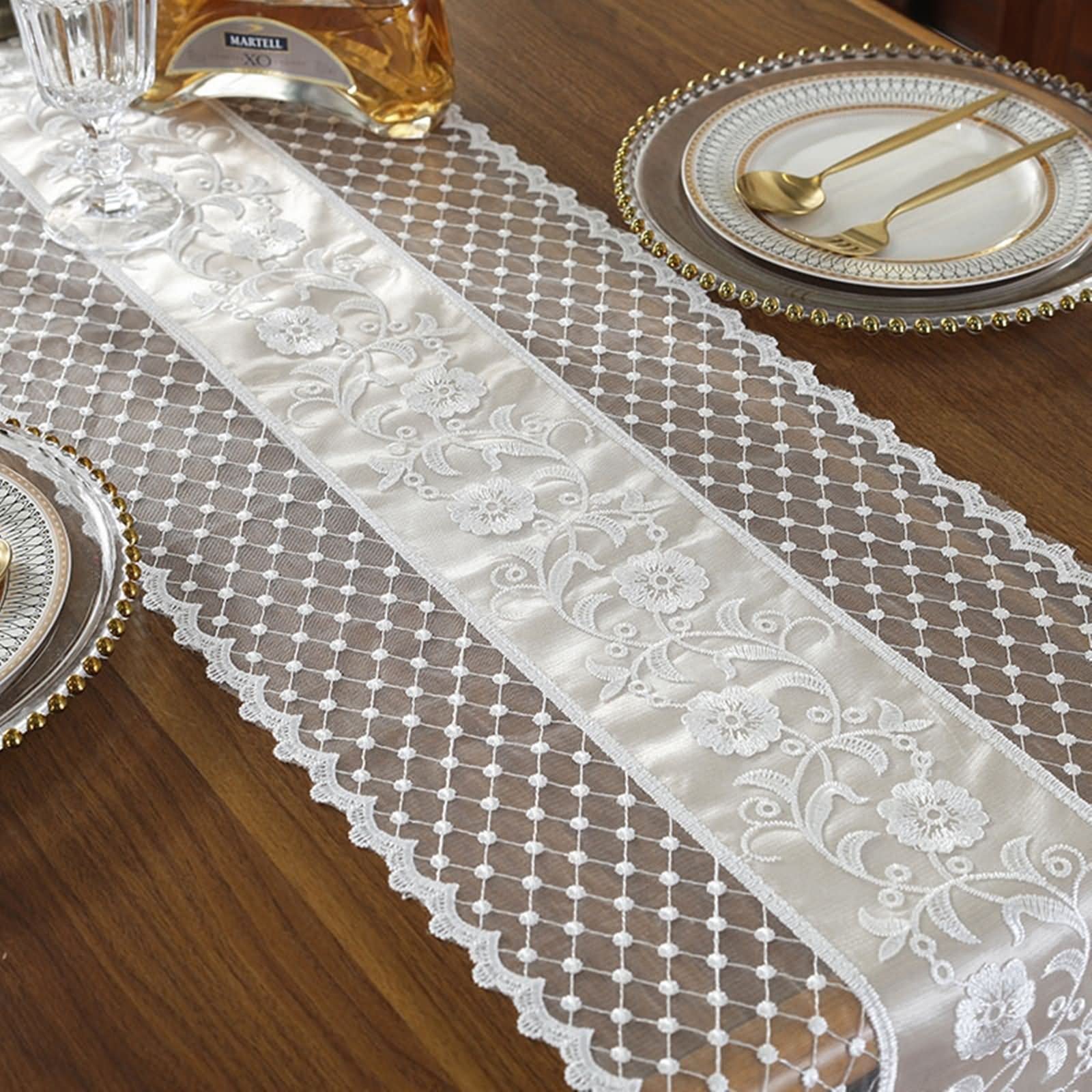 Tischläufer Klein, Tischtuch Halloween aus Polyester Dreieckiges Spitzen Mesh Stickmuster Hell Beige 30x250CM für Abendessen Bauernhaus Dekor