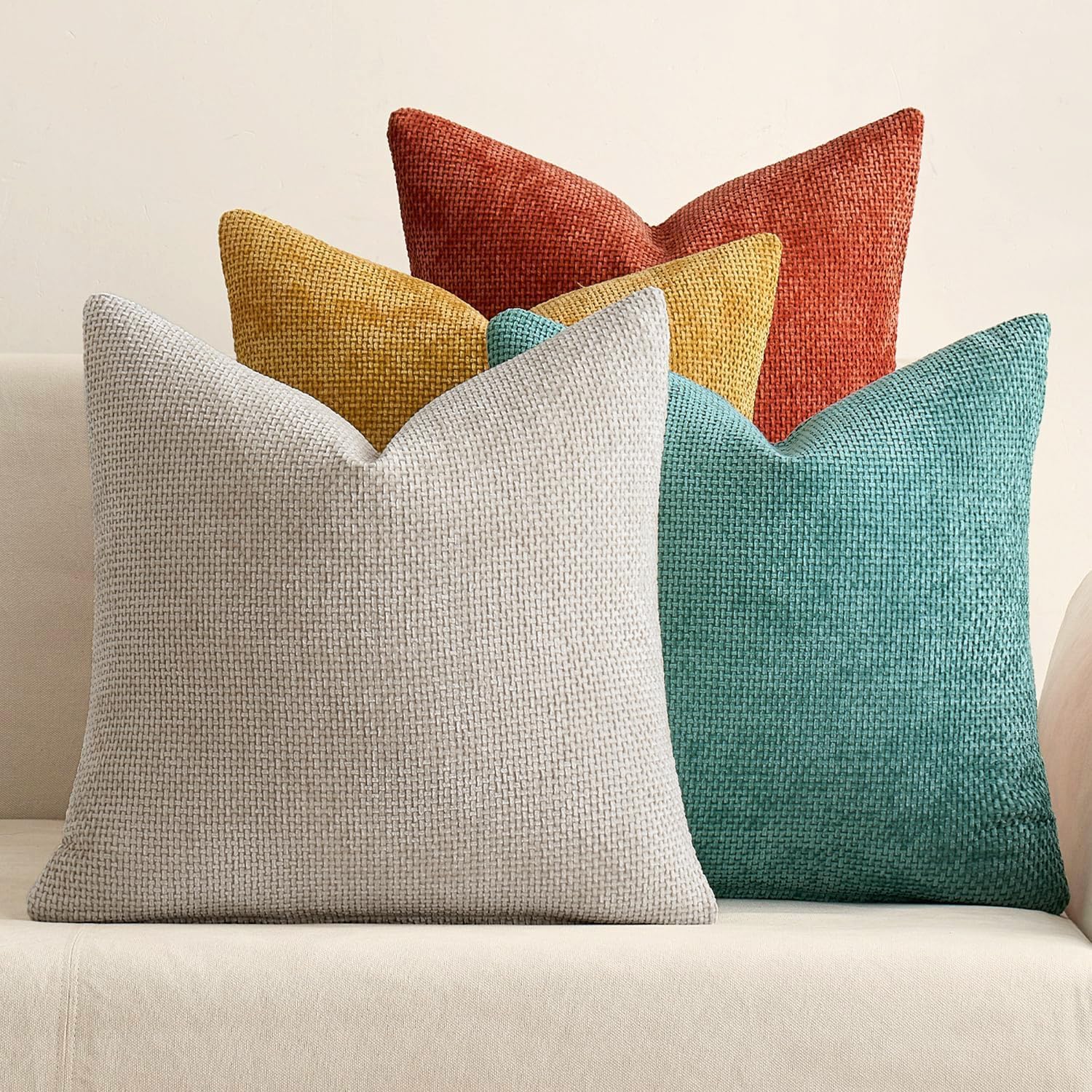 Pack of 4 Size 18x18 MIULEE Pack of 4 Couch Throw Pillow Covers 18x18 Inch Neutral Orange/Teal Soft Decorative Chenille Pillow Covers Farmhouse Accent Cushion Covers for Boho Home Decor Spring Sofa Bedroom Living Room