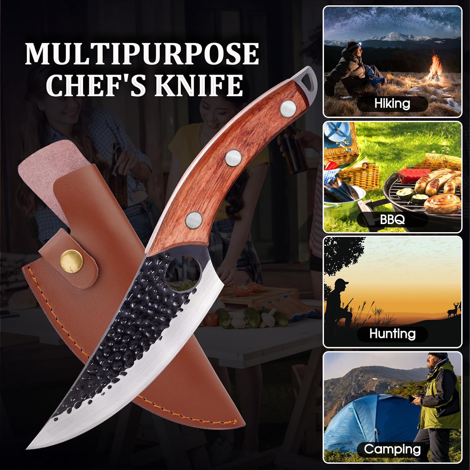 Chef Knife, Boning Knife for Meat Cutting, Viking knife with sheath,Hand Forged Japanese Knife,Kitchen Knives For Home, Outdoor Cooking, Camping BBQ (Yellow)