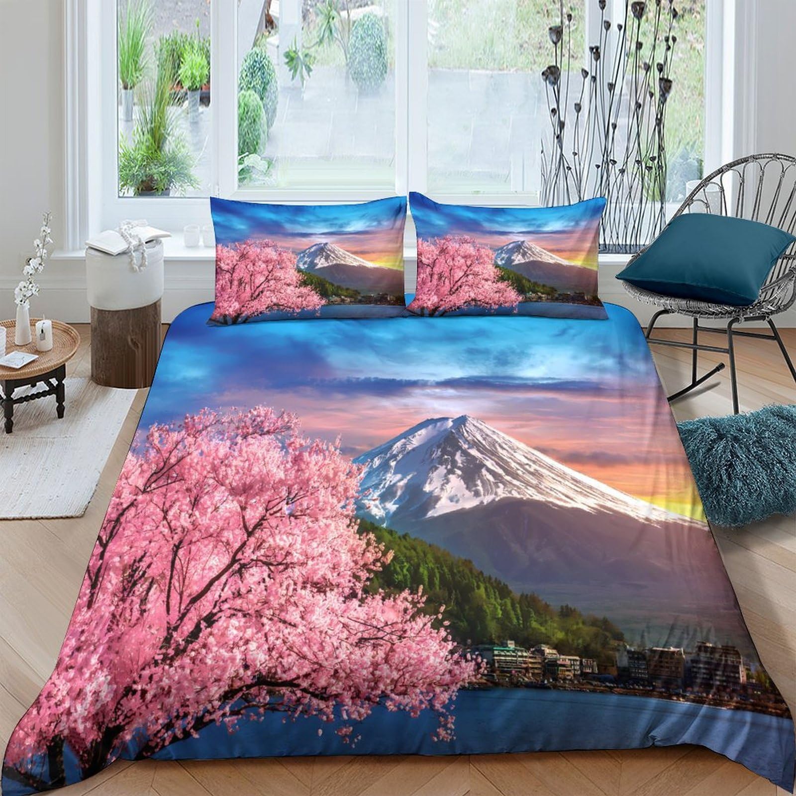 Ctjqhvkz Style-7 3D Printed Sakura Blossom Fitted Sheet Microfiber Soft Mount Fuji Bed Cover For Bedroom Guest Room Decor Mattress Protection Single（135X200cm）