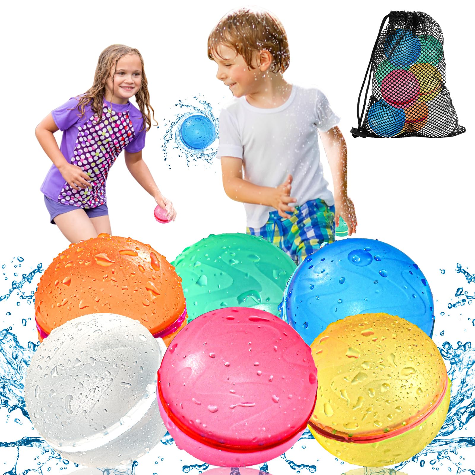 KOKODI 6PCS Reusable Water Balloons for Kids Ages 3-14, Self Sealing Magnetic Water Bombs for Pool & Beach, Quickly Fill Refillable Silicone Water Balls Fight Toys for Summer Outdoor Games