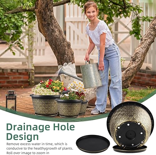Miniatura 2 de Macetas de 10 pulgadas, paquete de 4 macetas para exteriores con agujeros de drenaje y bandejas, macetas de plástico decorativas de imitación retro