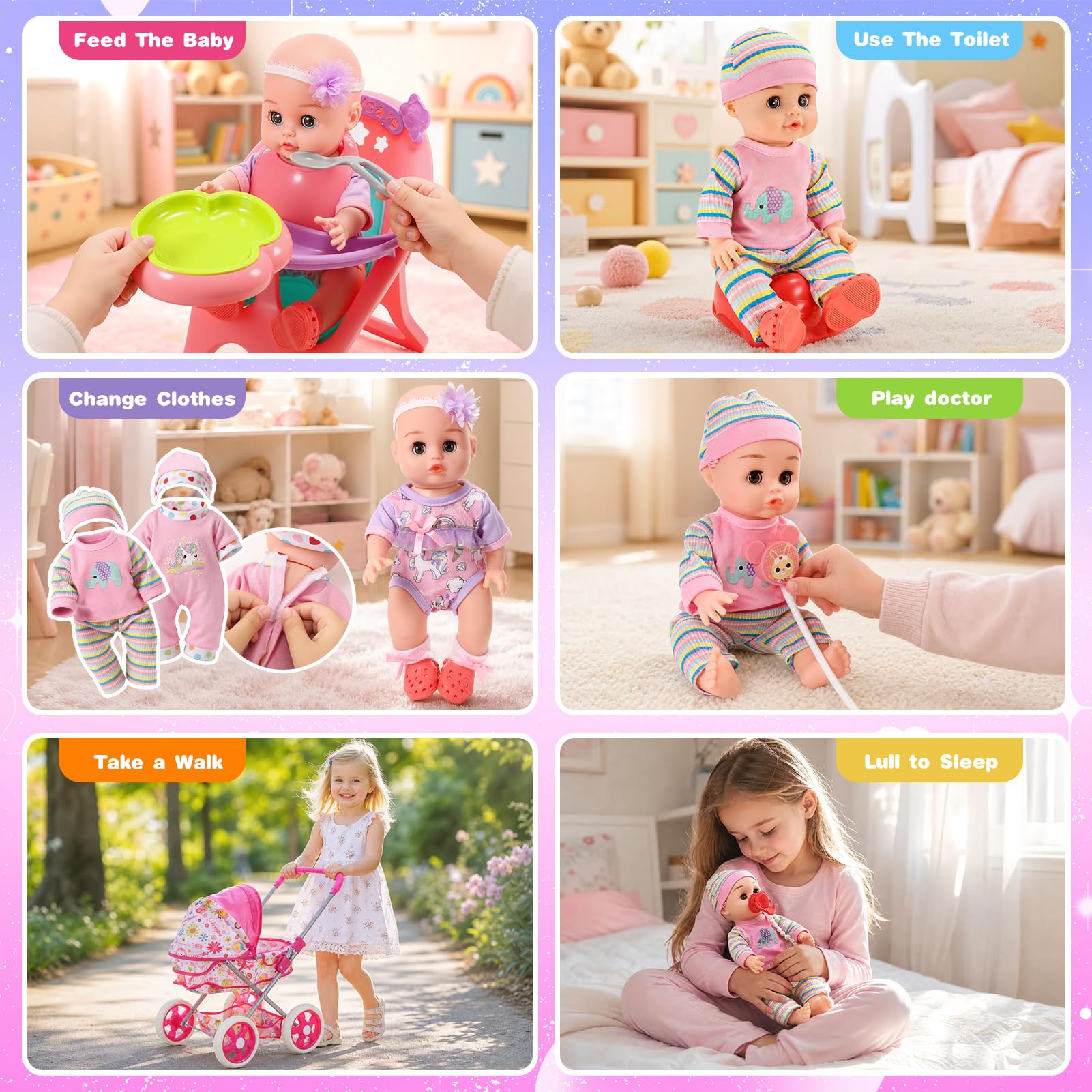 HappyGoLucky Passeggino con Bambola da 28 cm, Vestiti e Accessori Bambole Gioco di Ruolo Bambina 3-7 Anni Carrozzina per Bambole Regalo Bambina 2-8 Anni Giocattoli Bambino