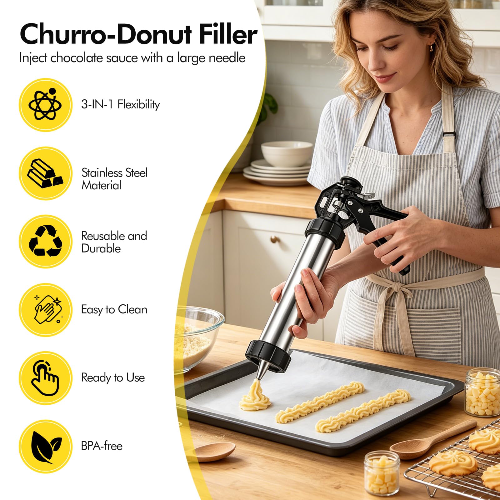 Machine à Churros et Presse à Biscuits 3-en-1, Appareil a Churros Manuel en Acier Inoxydable 304, Pistolet à Pâtisserie avec Levier Ergonomique, 21 Accessoires (Disques, Douilles)