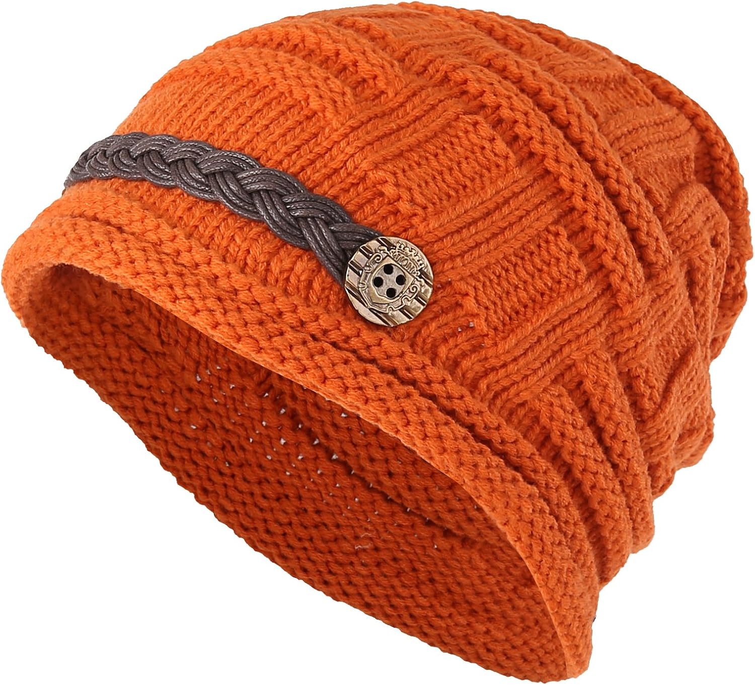 ELACUCOS Women Winter Beanie Cabled Checker Pattern Knit Hat Button Strap Cap