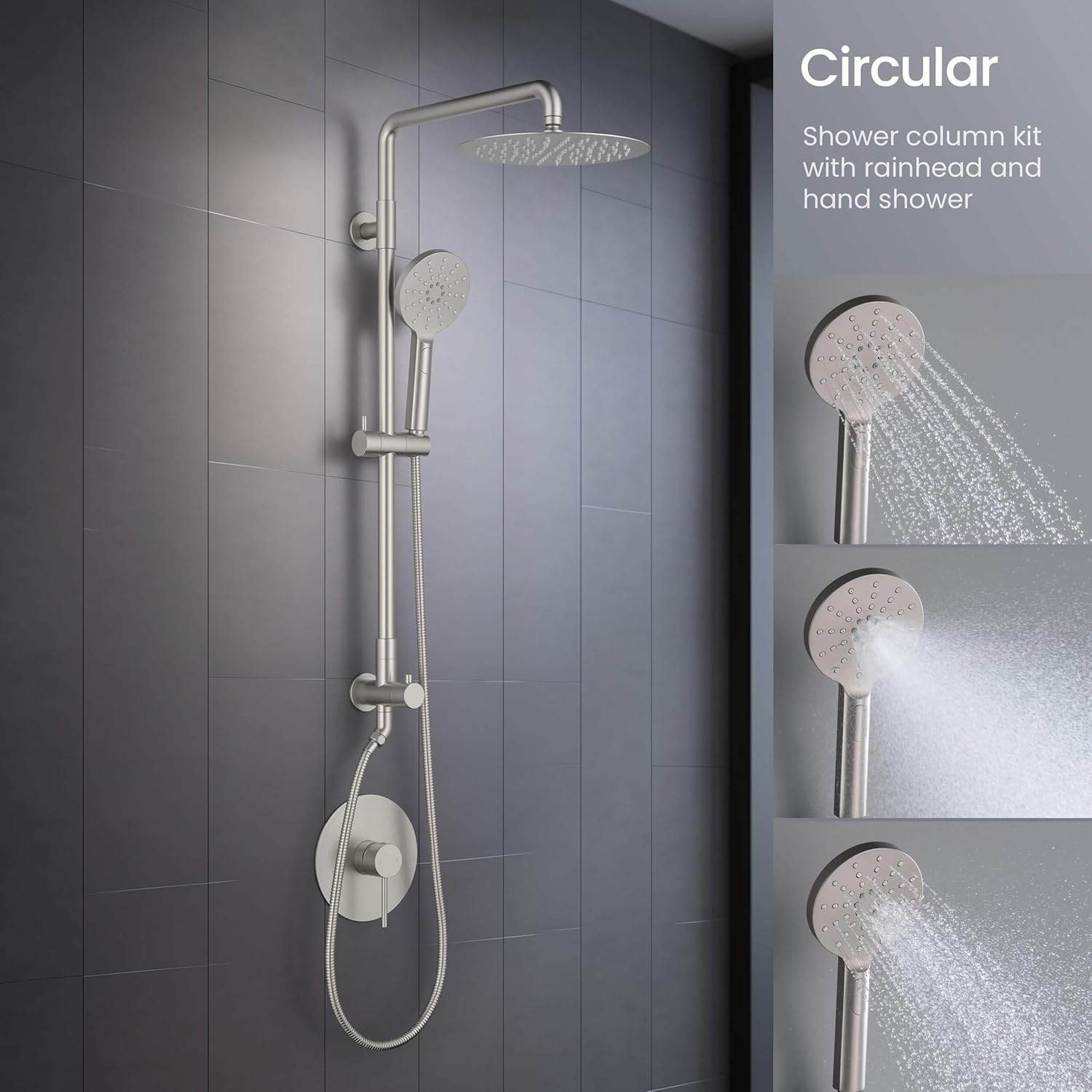 KIBI Brushed Nickel Circular Wall Mounted Rain Shower Column | 2-Function Shower Faucet System with Rough-In Valve | Solid Brass Construction for Reliable Water Flow and Temperature Control (KSC403BG)