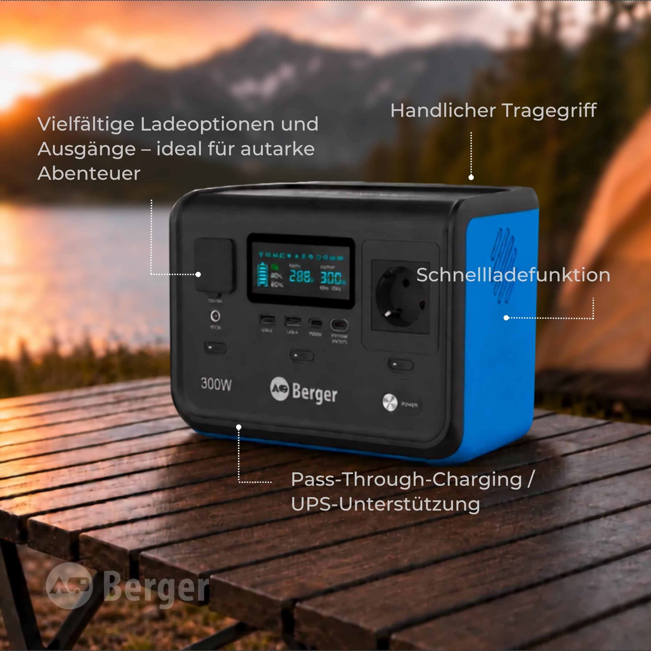BERGER Energy Tragbare Powerstation | LiFePO4 Stromspeicher für Camping (300 W)
