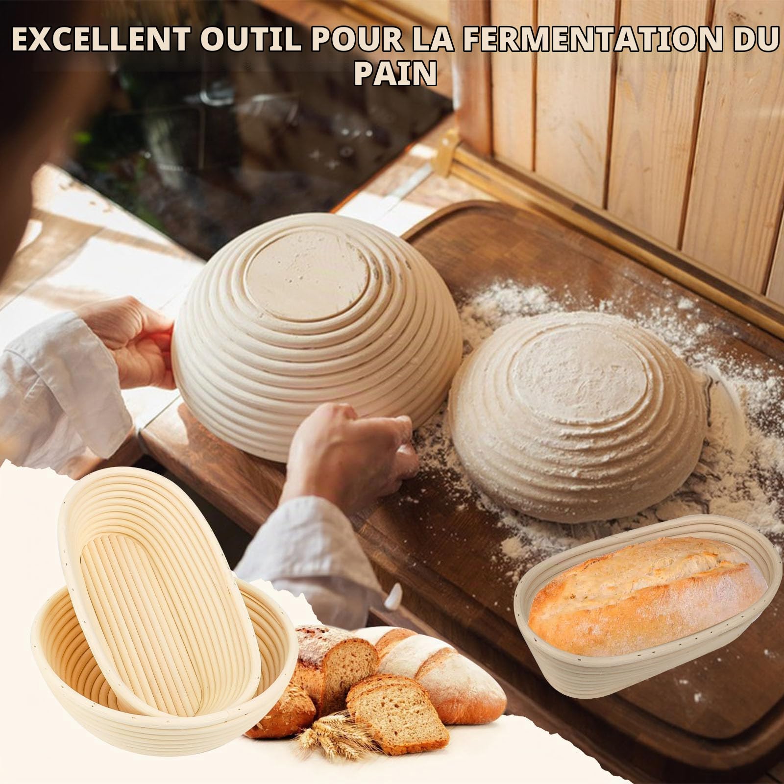 Banneton Panier d'épreuvage Set, Corbeille à Pain+Grattoir en Métal + Grattoir en Plastique + Fouet à Pâte + Lame à Pain, Panier Naturel pour Faire Son Propre Pain