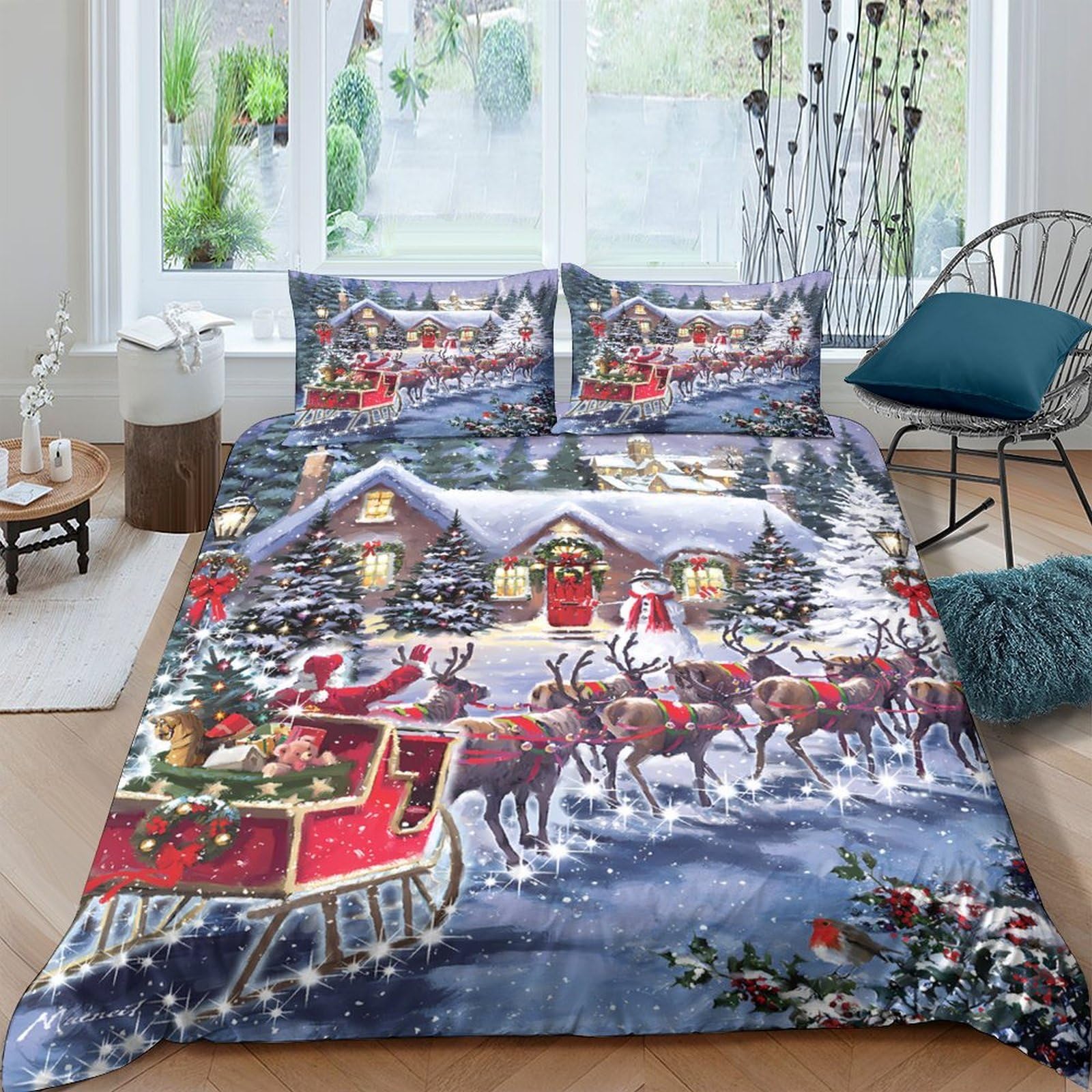Ctjqhvkz Style-2 3D Printed Christmas Village Fitted Sheet Microfiber Soft Breathable Santa Sleigh Bed Cover For Bedroom Guest Room Decor Single（135X200cm）
