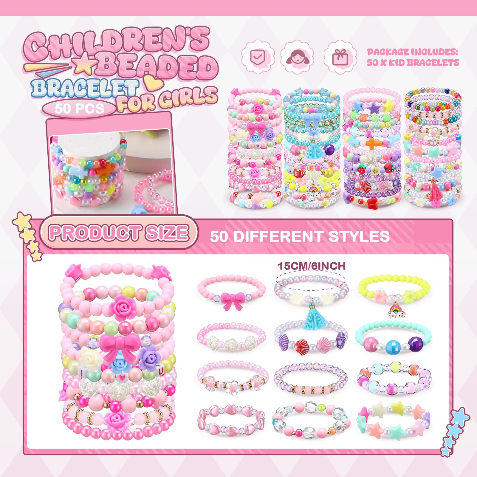 Ecally 50 Pcs Kids Bracelets for Girls Bulk Colorful Beaded Bracelets Little Girls Party Favors Easter Birthday Jewelry Gift for Kids Toddler