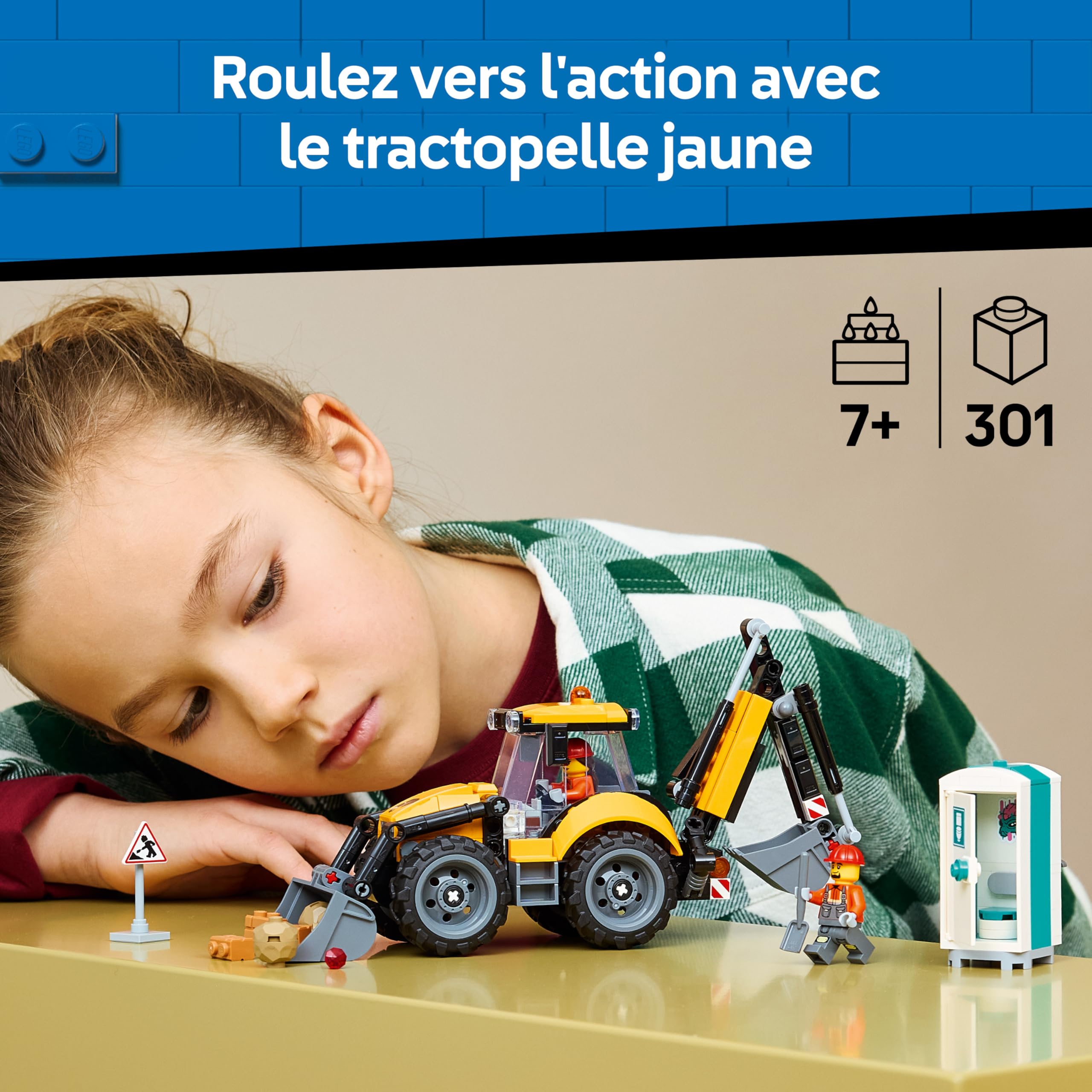 LEGO City Le Tractopelle Jaune - Camion Jouet - Véhicule de Construction - Tracteur avec 2 Minifigurines, Godet Fonctionnel Avant & Pelle Arrière - Idée Cadeau d'anniversaire pour Garçon 7 Ans 60480