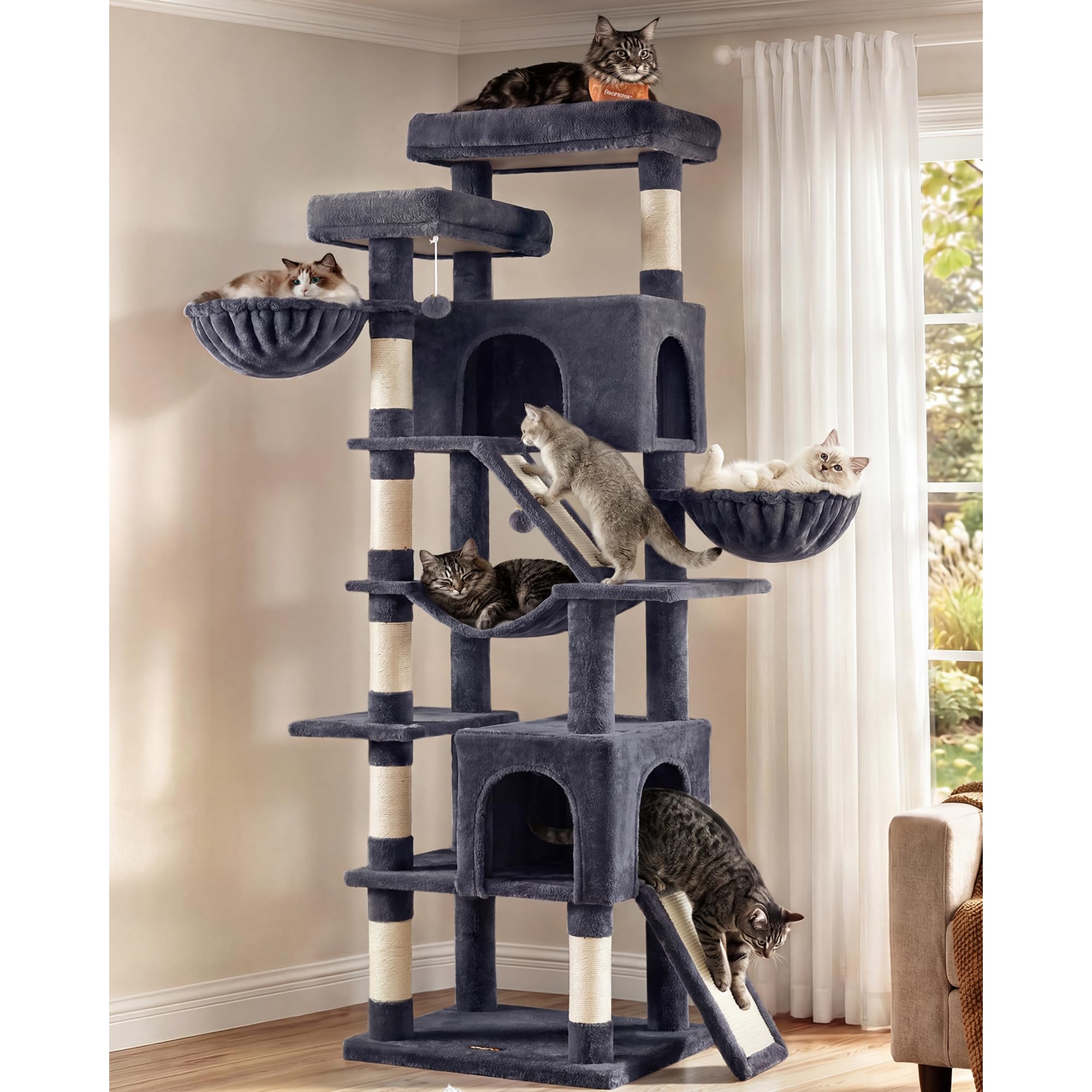 Feandrea Albero per Gatti XXL, Tiragraffi per Più Gatti, 55 x 45 x 206 cm | Tronchi in Sisal, 7 Aree di Riposo, Grigio Scuro, COLLEZIONE CLAWFY PCT021G201