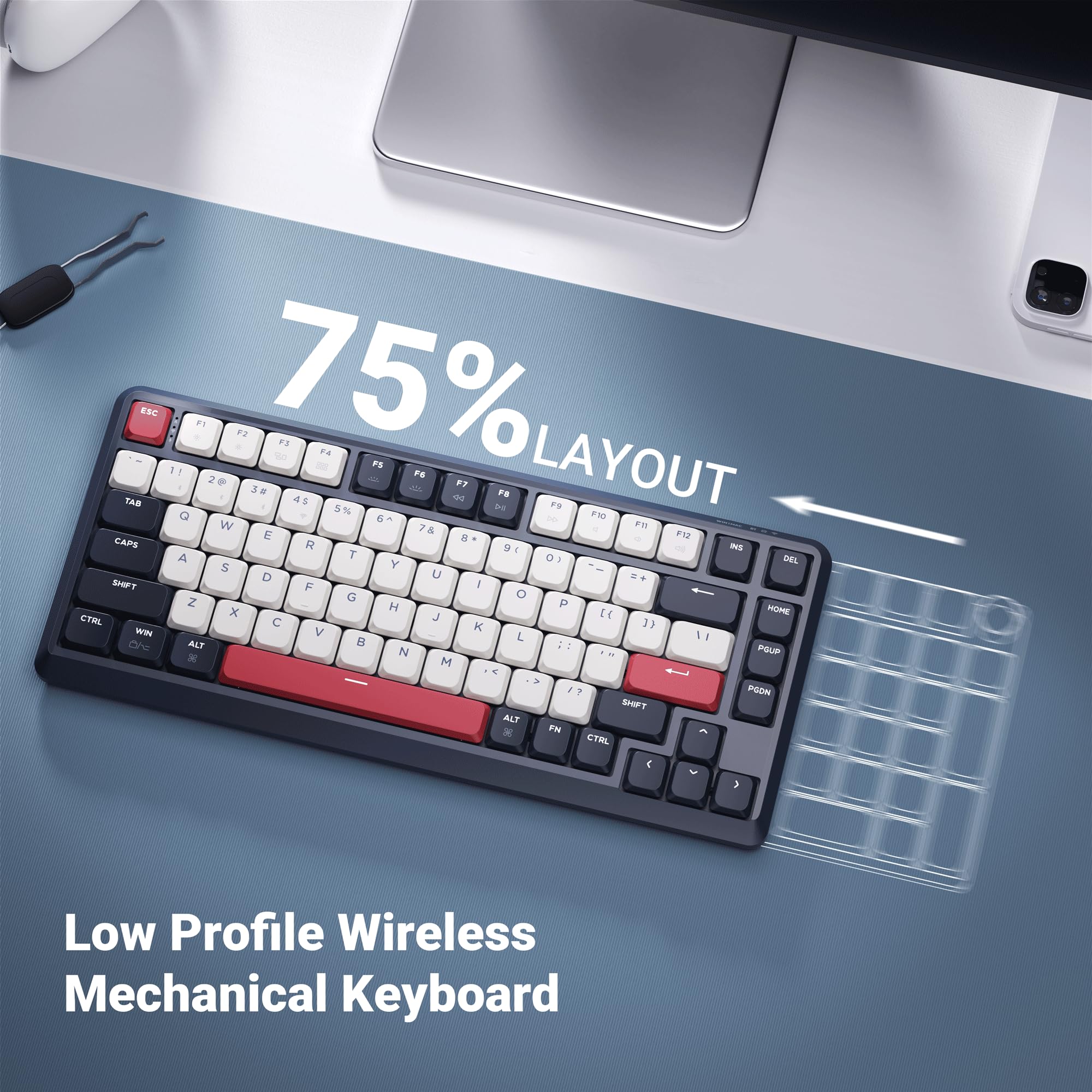 Keychron KJ1 Tastiera meccanica wireless a basso profilo, 2,4 GHz, Bluetooth QMK 75% Layout RGB, interruttore rosso sostituibile a caldo, compatibile con Mac Windows Linux, ricarica rapida da 2000 mAh