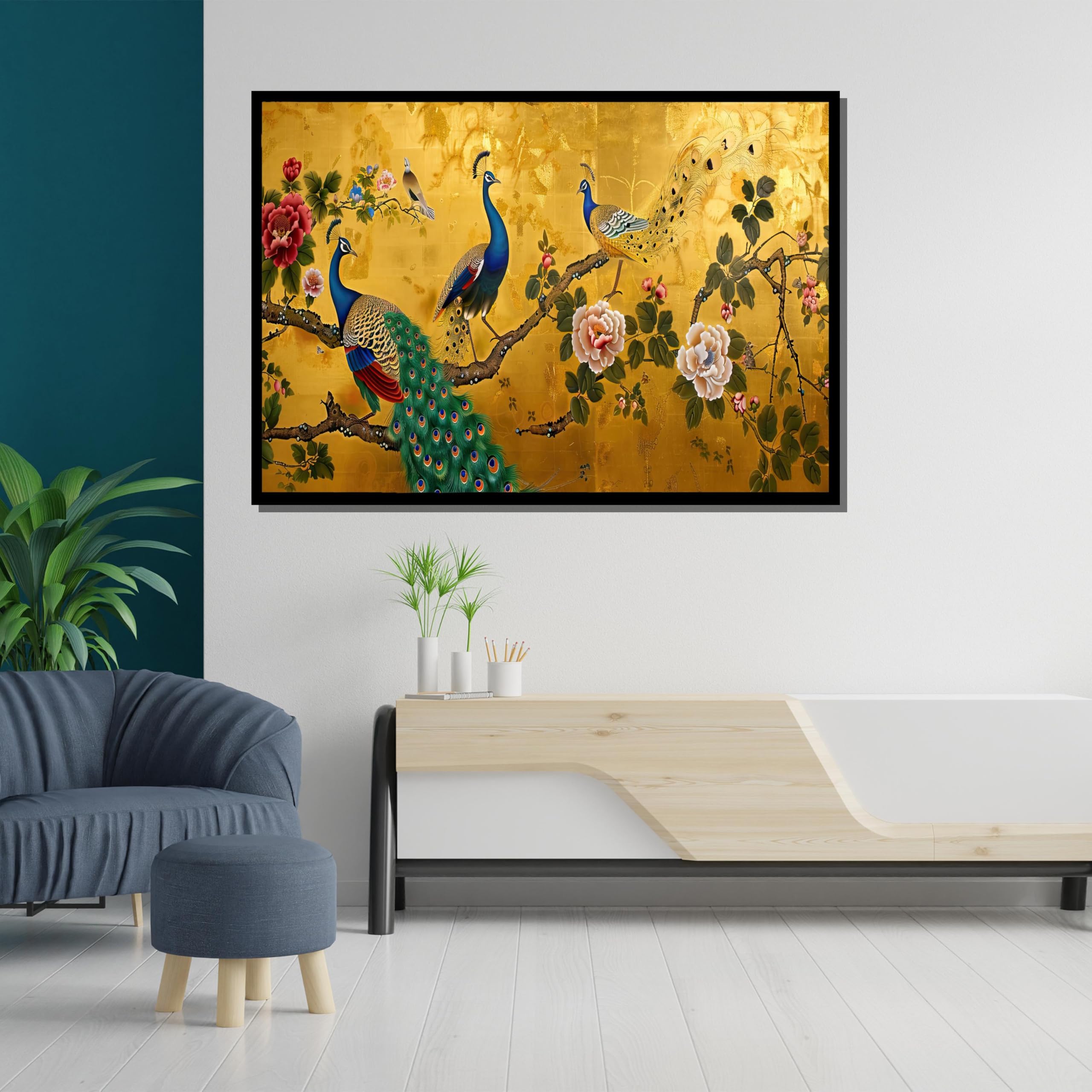 LMYCHENG Vintage luksusowy paw plakat złoty obraz kwiatowy na płótnie | Stylowa dekoracja ścienna do domu (20x30 cm/rama wewnętrzna)