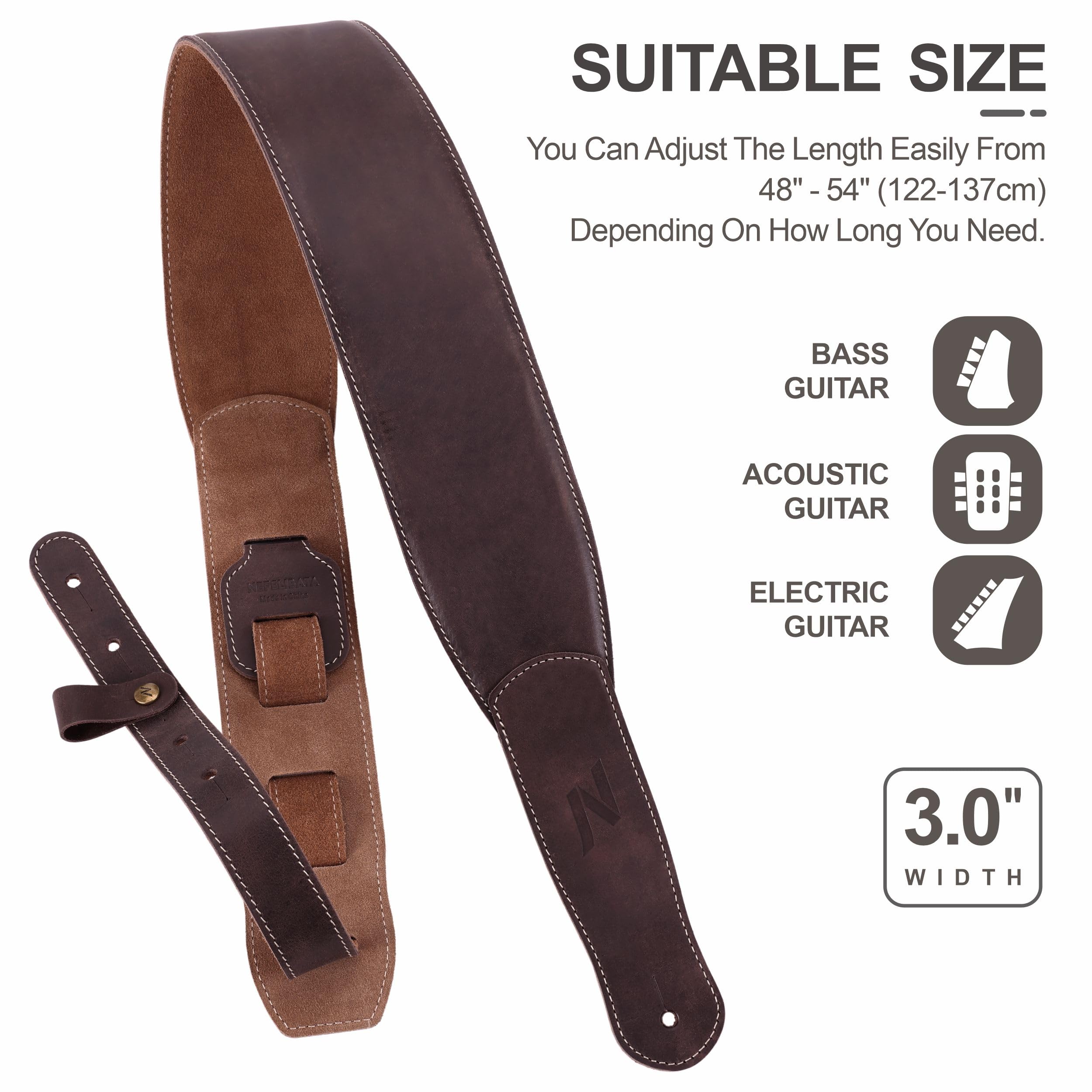 Tracolla Per Chitarra E Basso In Pelle Scamosciata - 8 Cm, Made In Italy, Regolabile Fino A 140 Cm - Foto 9