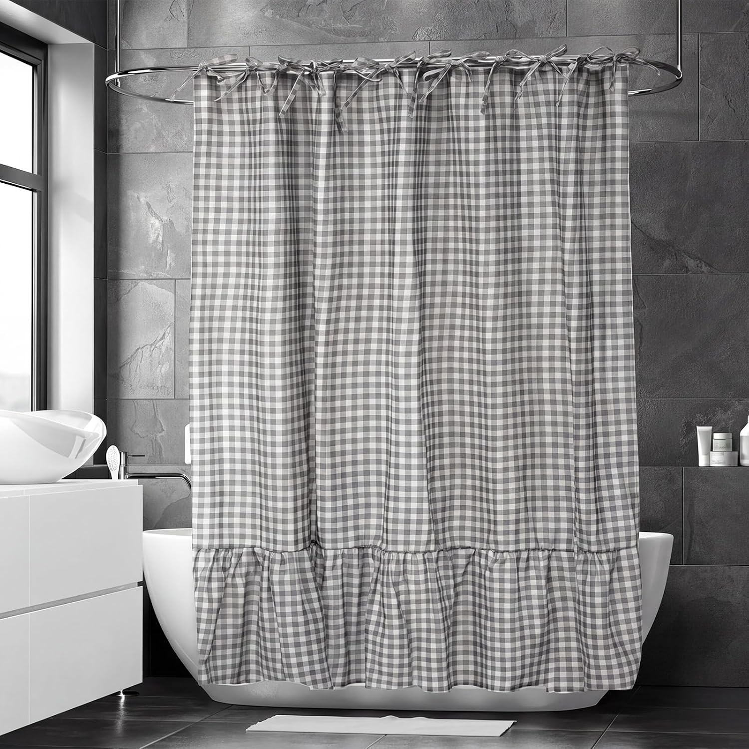 Farmhouse Gray Gingham Shower Curtain with Ruffle Hem, Linen Blend Fabric Tie Top Hanging Bathroom Curtain Gray Plaid Country Vintage Rustic for Bathroom Home Decor, 72" W x 72" L