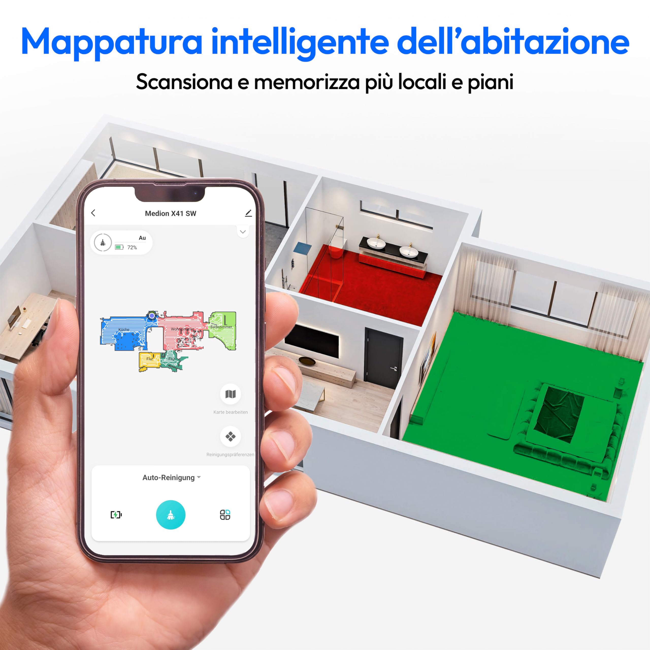 MEDION Aspirapolvere robot con navigazione laser e funzione di pulizia X41 SW (potente potenza di aspirazione di 8000Pa, aspirapolvere robot 2in1, mappatura precisa, aree Go & No Go, più piani)