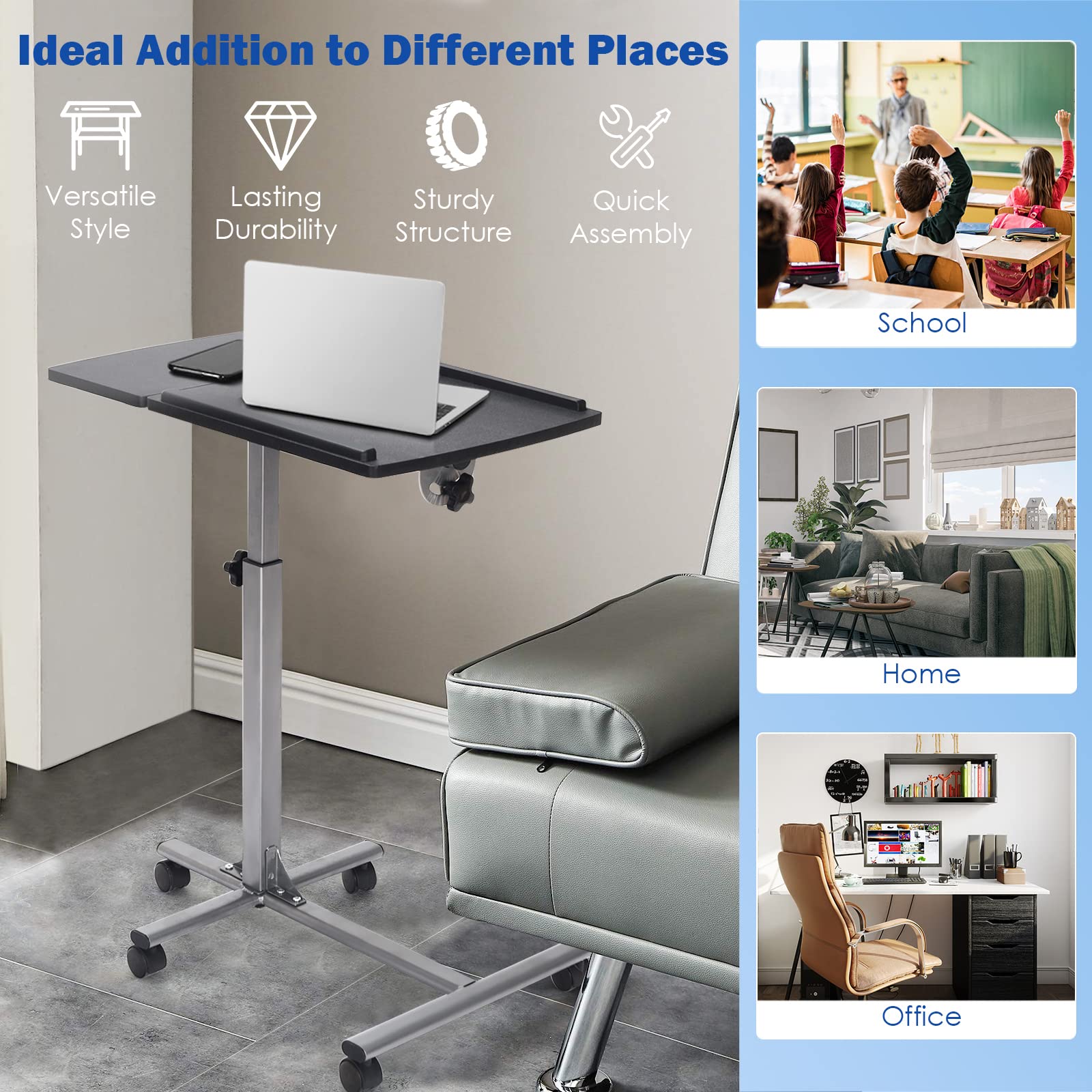 LIFEZEAL Mesa para Ordenador portátil de Altura Regulable, Mesa para Cama inclinable en Forma C con Ruedas, Mesa Auxiliar para Cama Hospital