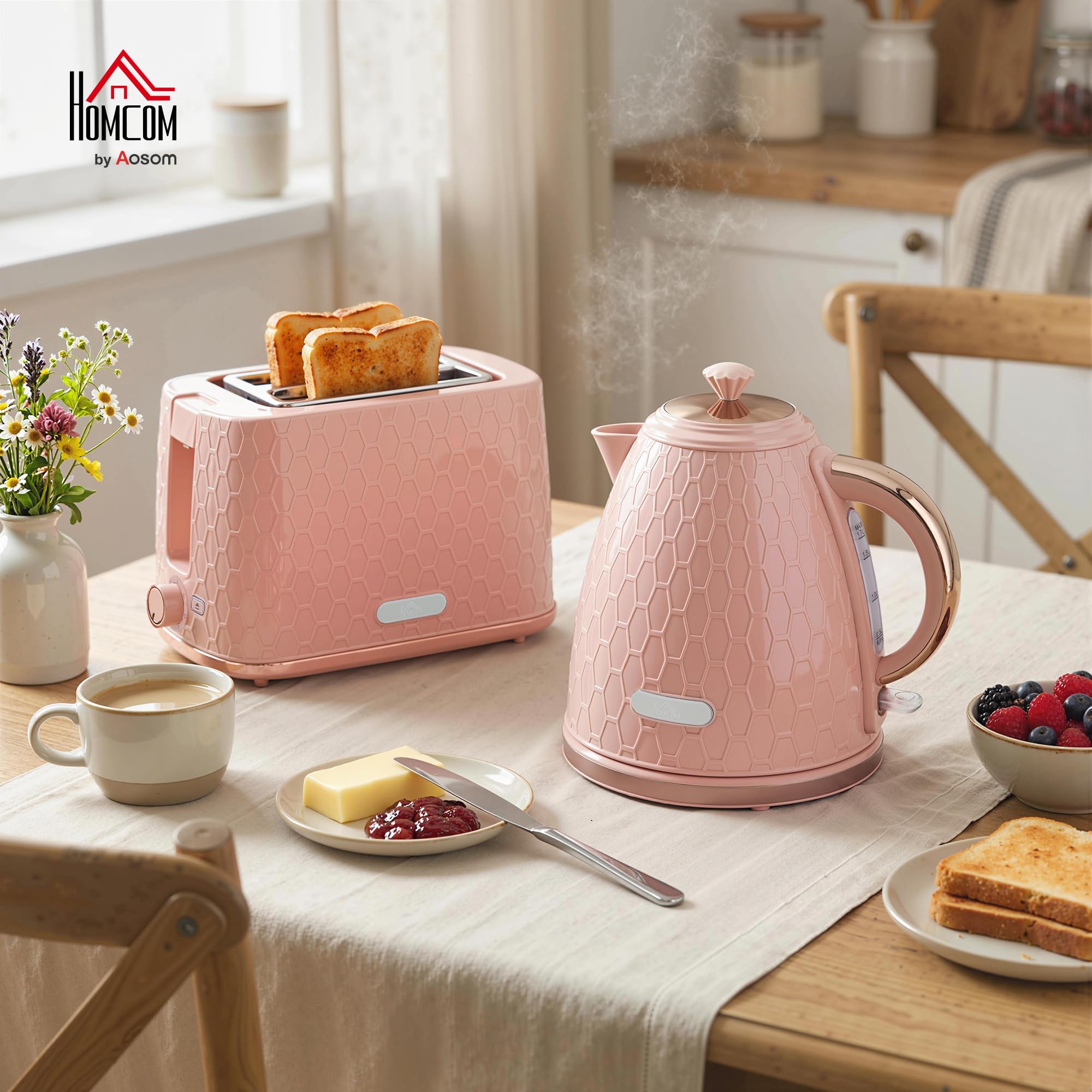 HOMCOM Wasserkocher Toaster Set 1,7L 2200W 2-Scheiben-Toaster 7 Bräunungsstufen Rosa