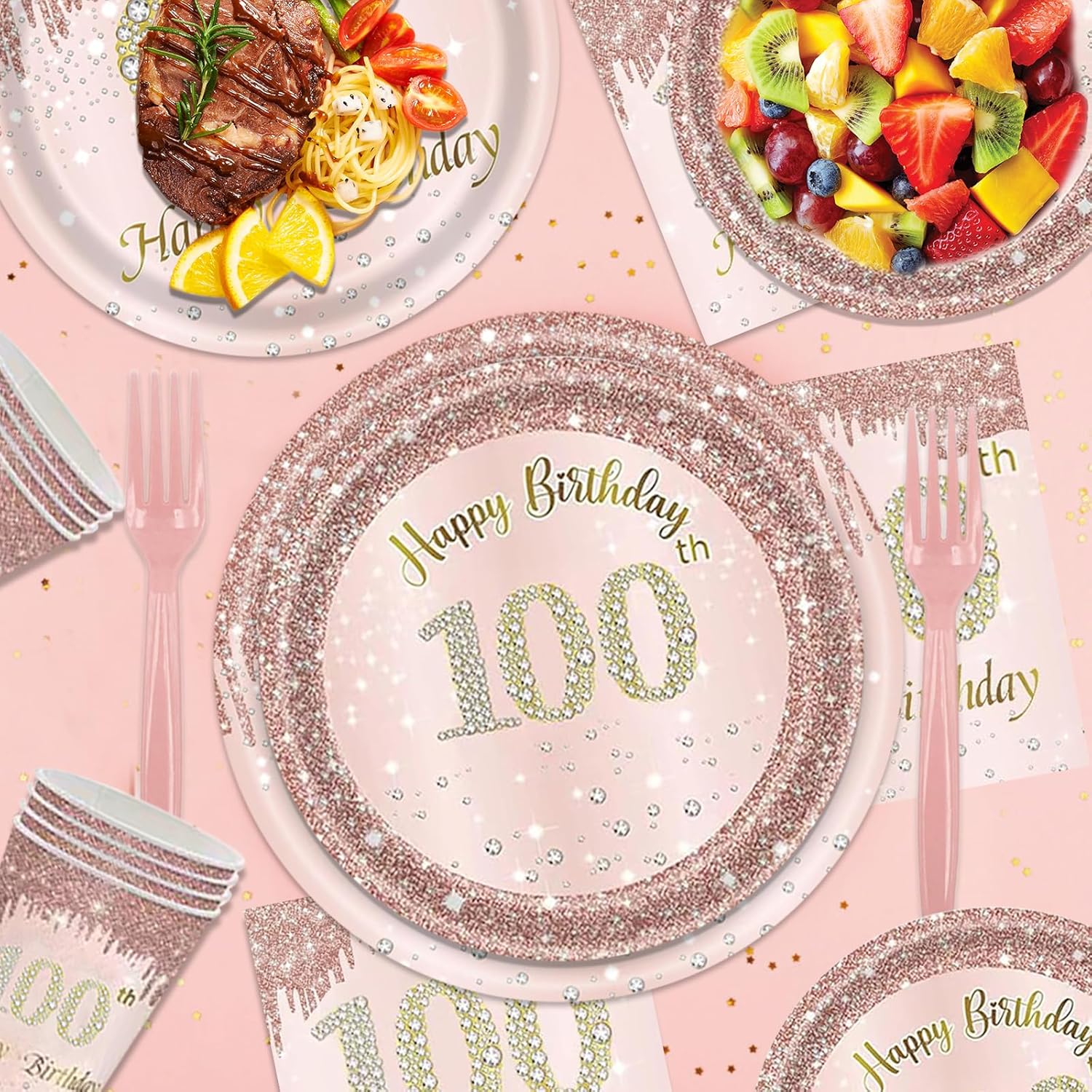 121Pcs 100th Birthday Party Supplies Plates Napkins Cups Forks Tablecloth Rose Gold Happy 100th Birthday Themed Disposable Tableware Decorations Serves 24 Guests for Women 100 Years