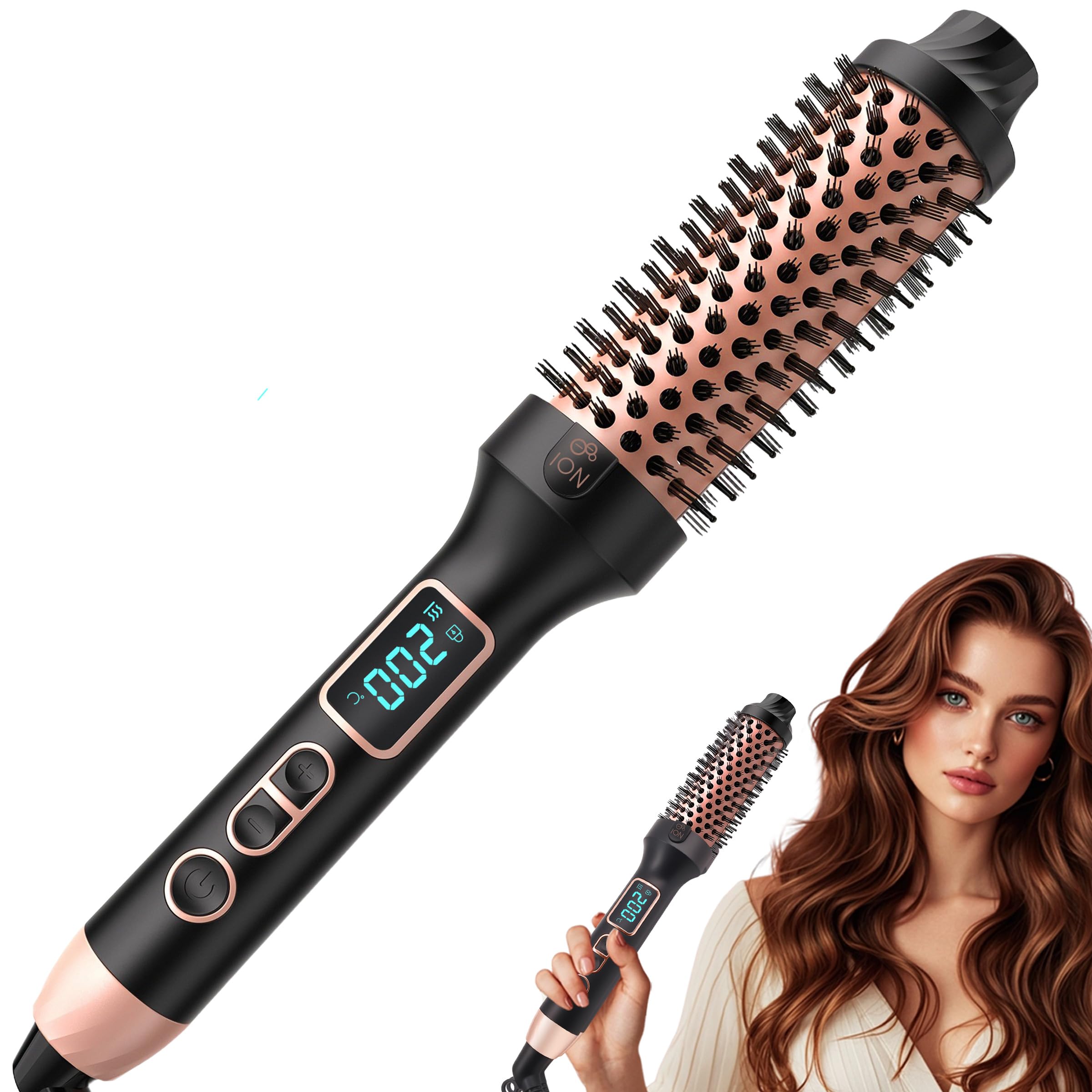 Cepillo térmico - Cepillo caliente lónico para rizos naturales y cabello brillante, 3 niveles de temperatura, calor suave, doble tensión para rizos y suavidad