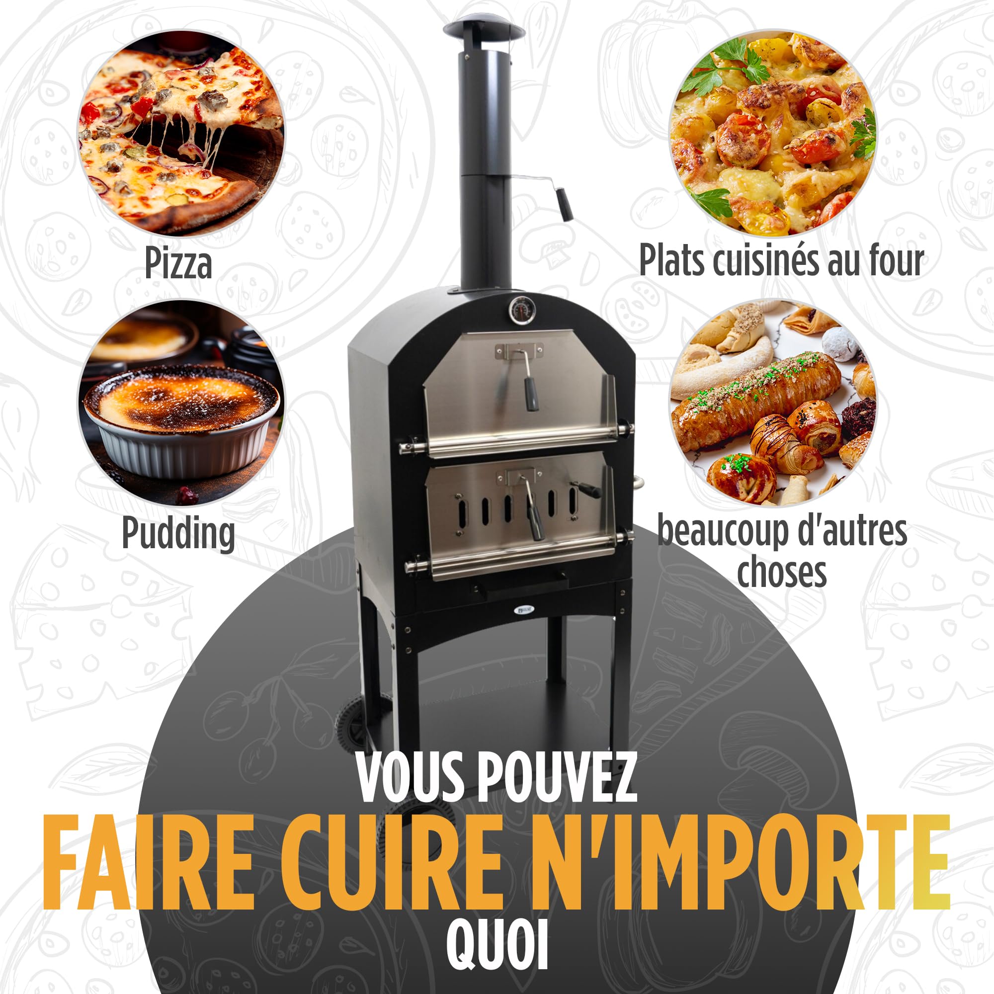 Four à Pizza HEAT Outdoor Living Ovnhus Noir Multifonctionnel Gril Barbecue Bois Charbon Briquettes Extérieur 50x36x160 cm