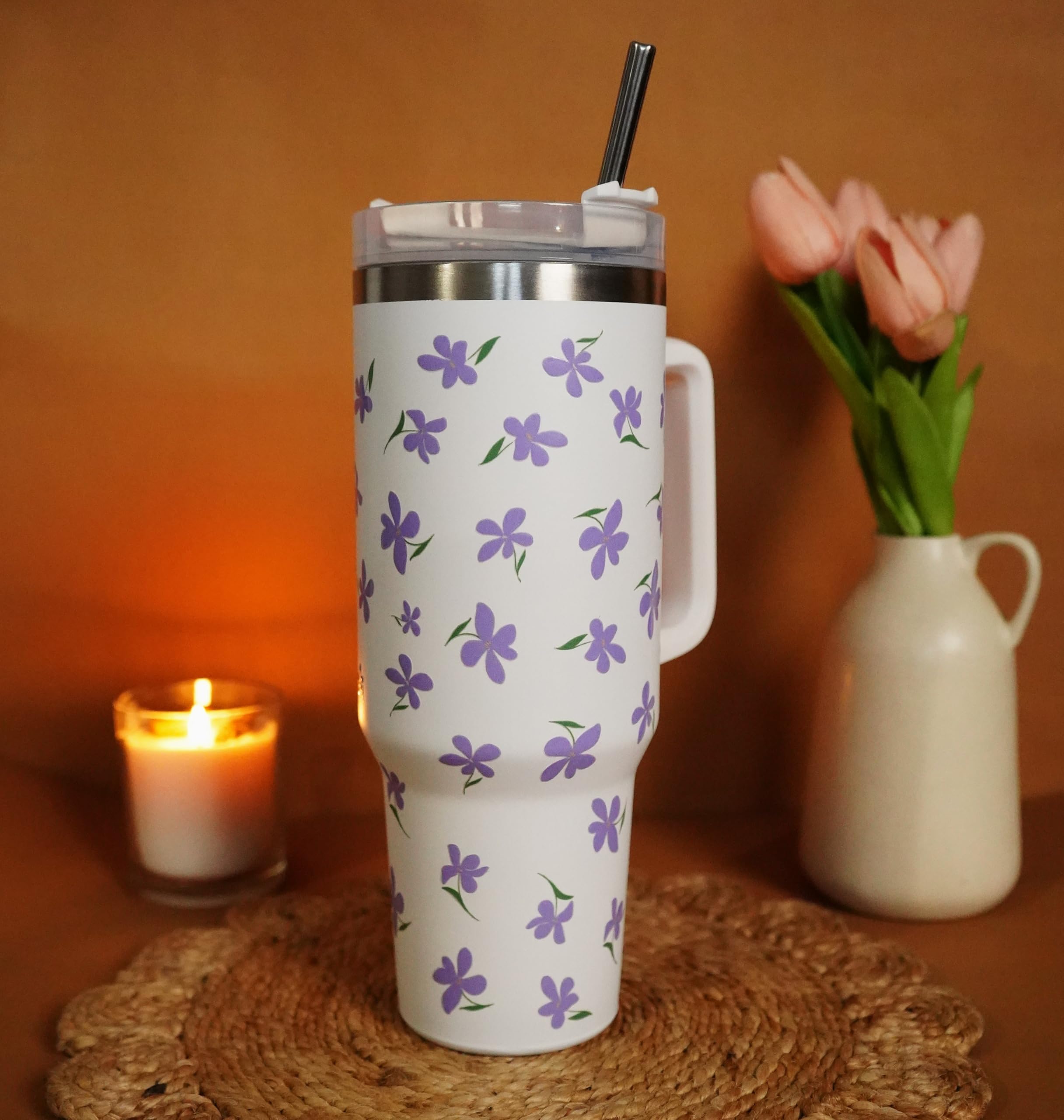 Najarat 1200ML Stainless Steel Tumbler Hot and Cold with Handle and Lid and 2 Straws, Double Insulated Cup Leak Proof Mug Cupholder for Gym, Travelling (Purple Flowers)
