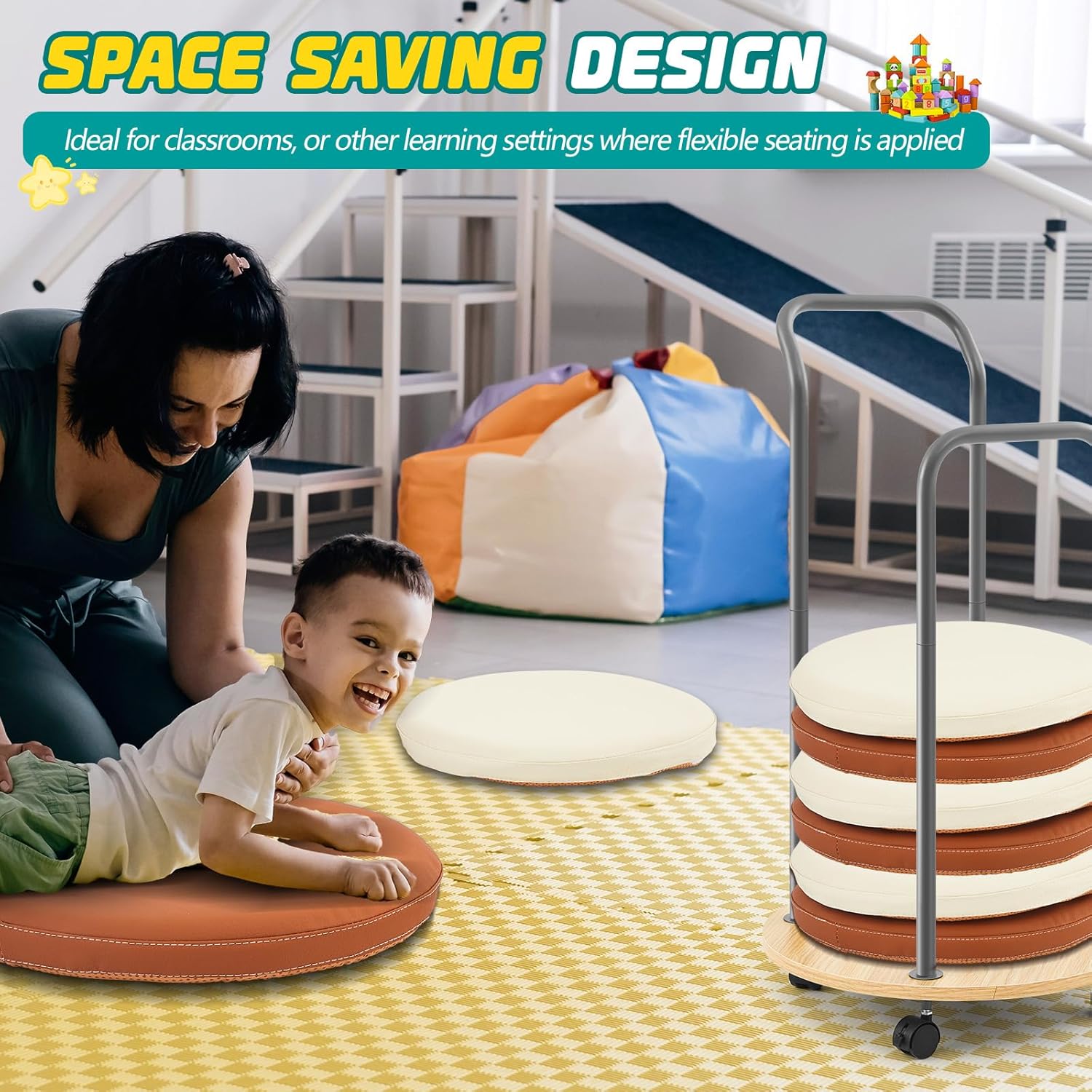 Mobile Cushion Cart Storage Trolley Classroom Desk Cart with Heavy Duty Rolling and Locking Casters for Toddler Preschool Classroom Rest Mat Trolley Cushions