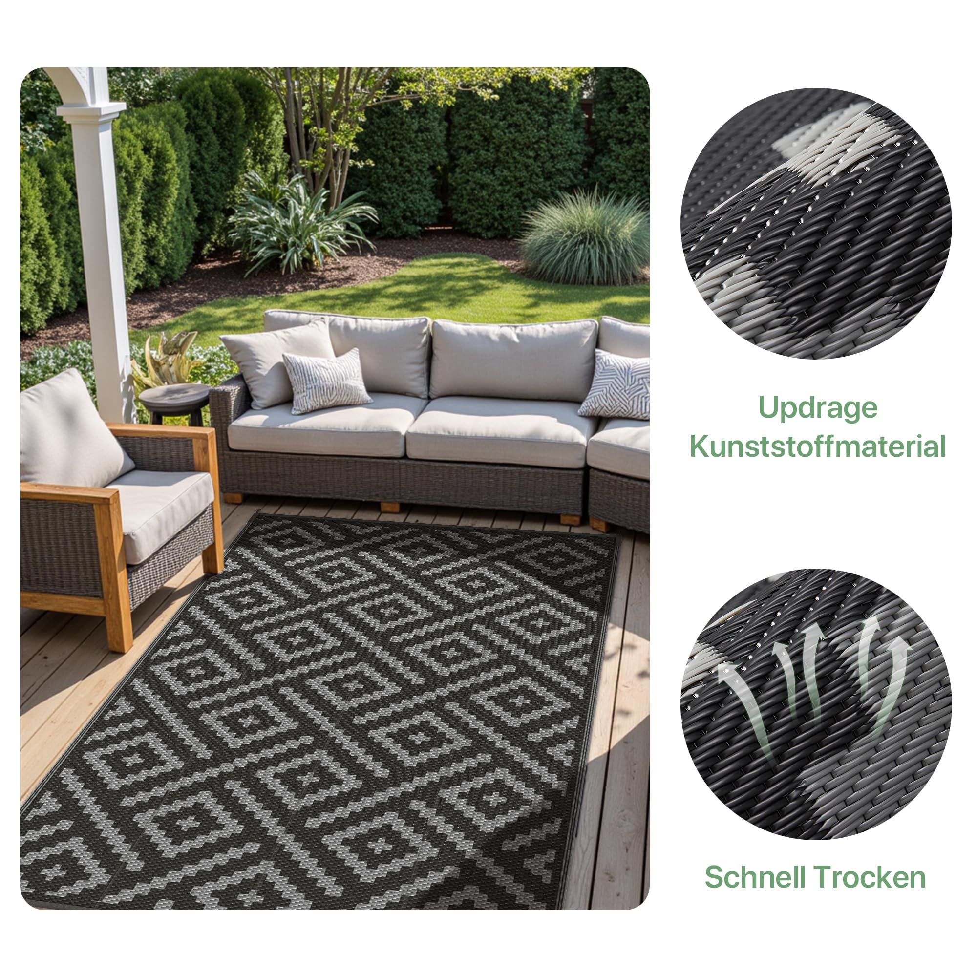 GENlMO Outdoor Teppich Wetterfest 150x240cm Picknickdecke Plastik-Strohhalm Matte UV-bestandig Camping Teppich Waschbarer Outdoor Teppiche fur Garten, Balkon,Pool, Deck, Hinterhof, Schwarz & Grau