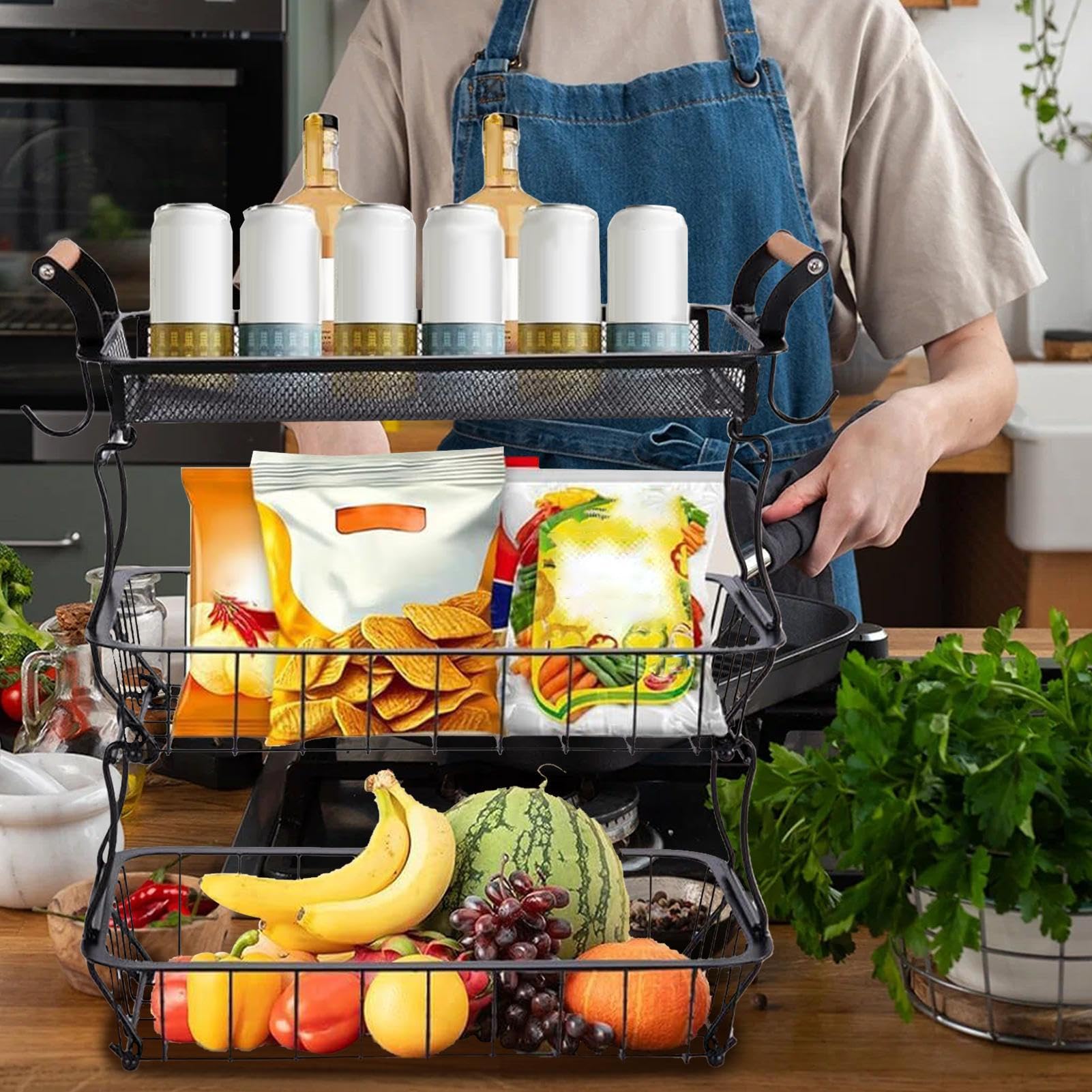 Fruit Basket, Spacious Display, bac de rangement de fruits, 3 niveaux avec rack accrochant, support en métal robuste, design élégant de ferme pour snack et végétal à la maison