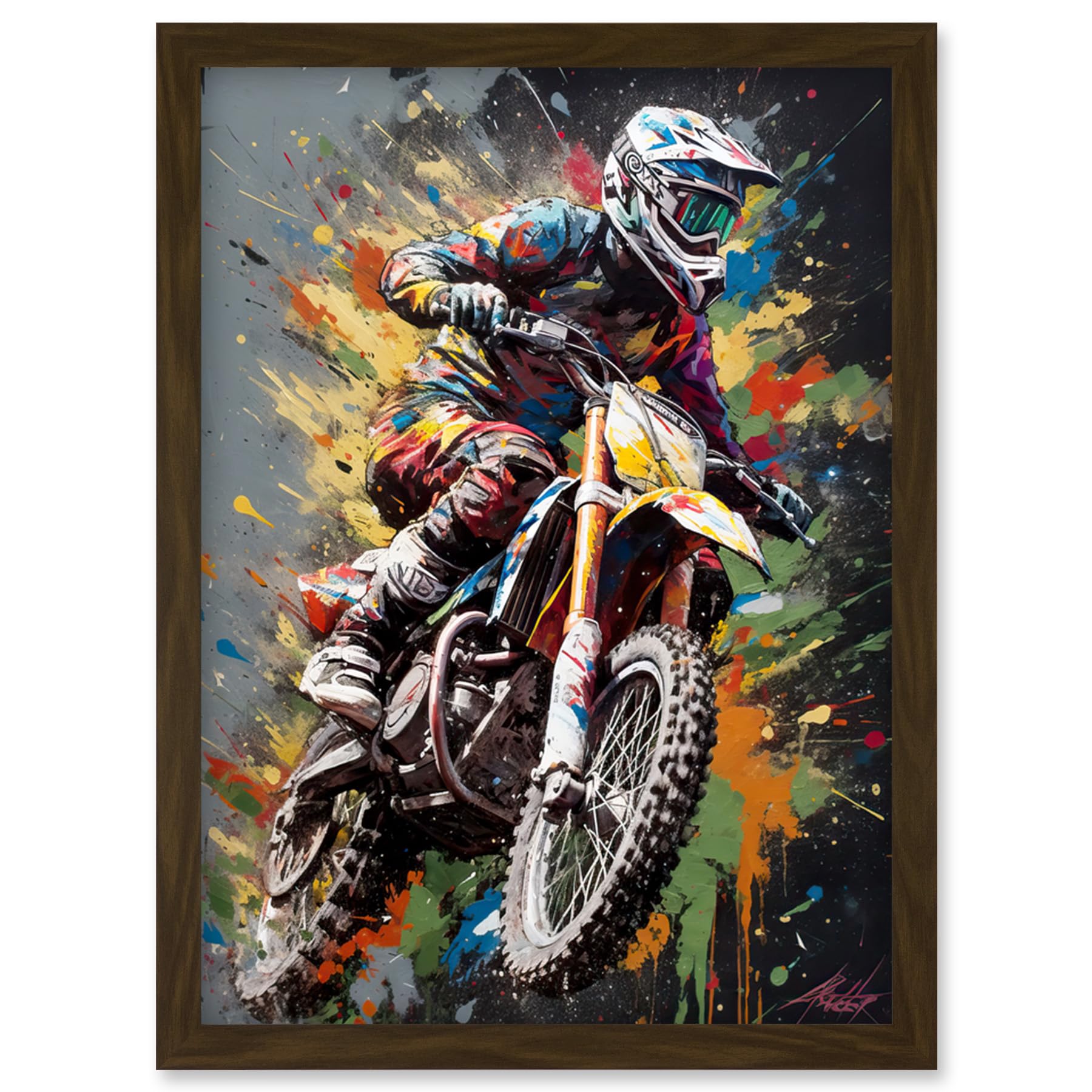 Artery8 Framed Wall Art Print - A4 - Dirt Bike Sport Splatter Paint Motocross Rider Artwork