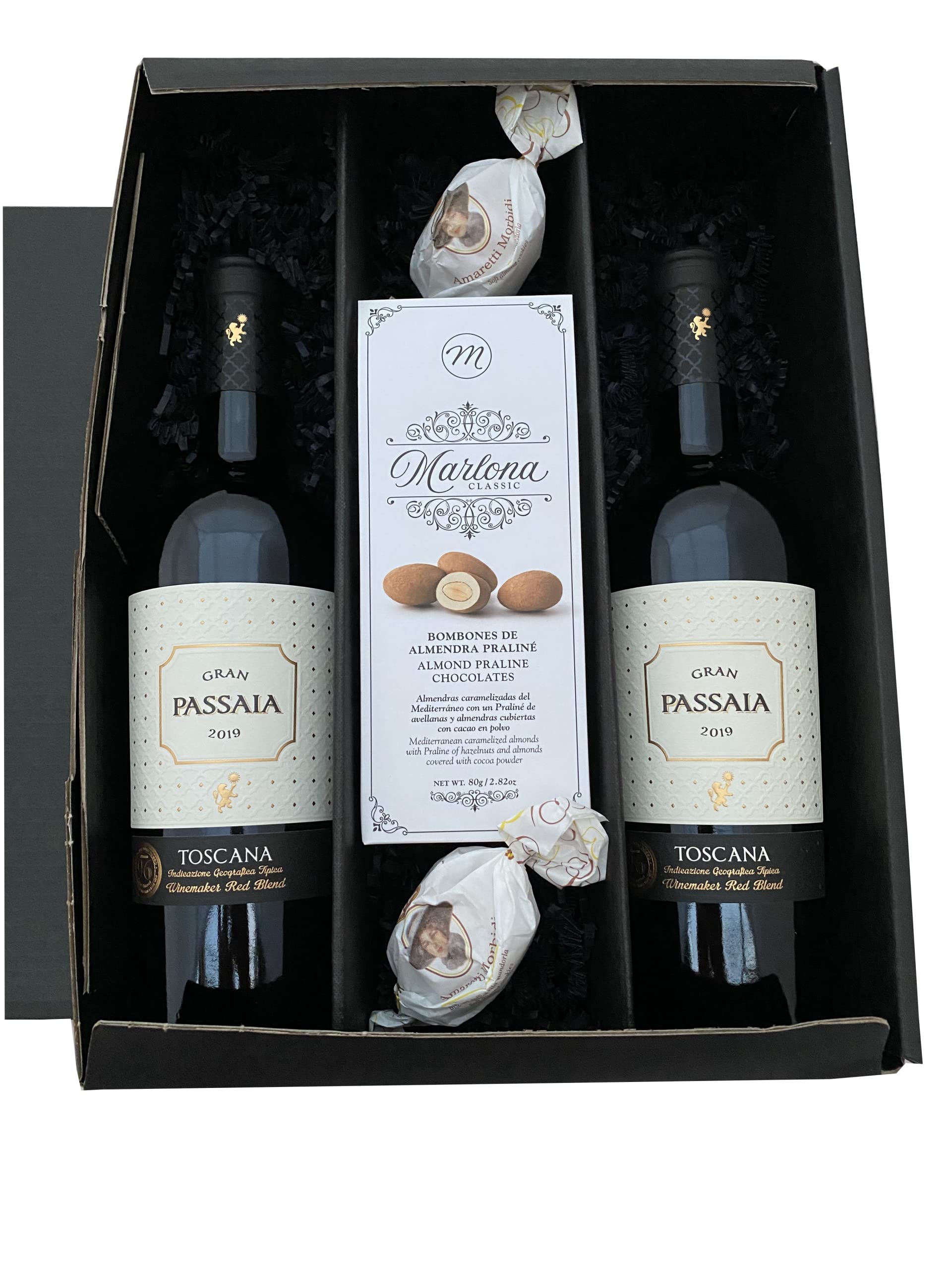 Geschenkset italienischer Rotwein aus der Toskana mit Mandelpraliné und Amaretti | Ein Weinpräsent für Genießer und Weinkenner