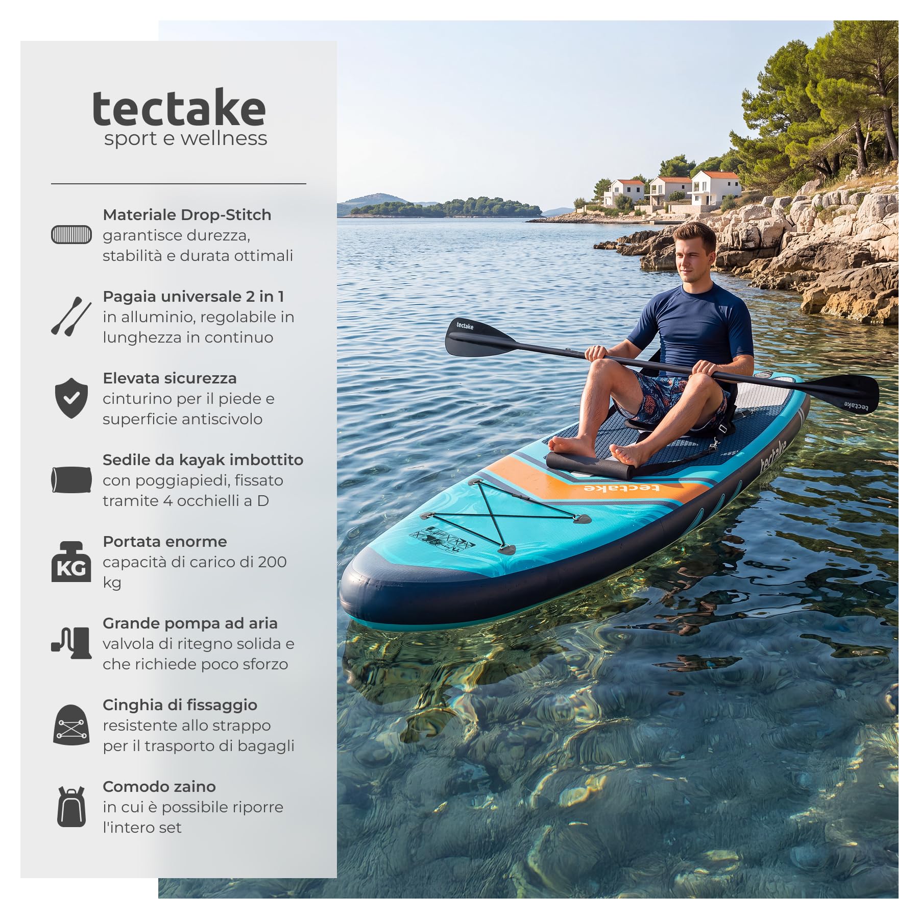 tectake® Tavola Sup Gonfiabile 2 in 1, Antiscivolo, Sedile Kayak, 200 kg