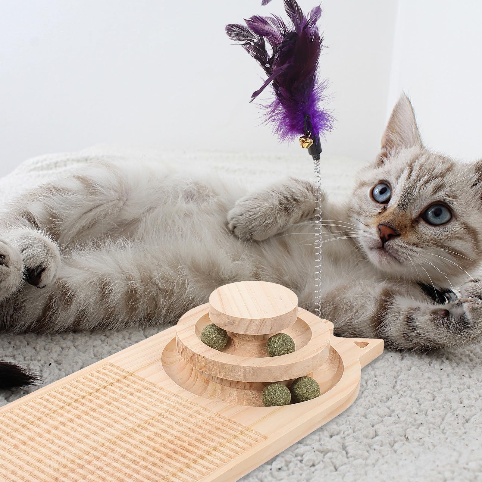 Gatuida Holz Kratzbrett für Katzen, 2-lagiges Drehspielzeug mit Kugeln