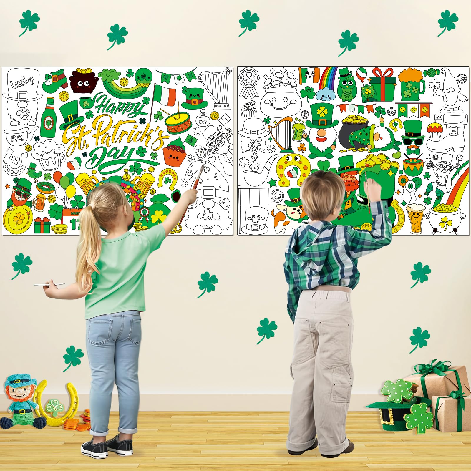 2Pack St. Patrick's Day Giant Coloring Poster, Large Coloring Tablecloth, Big Jumbo Coloring Banner St. Patrick's Day Craft Activity for Kids Classroom Home Game Party Favors Decorations