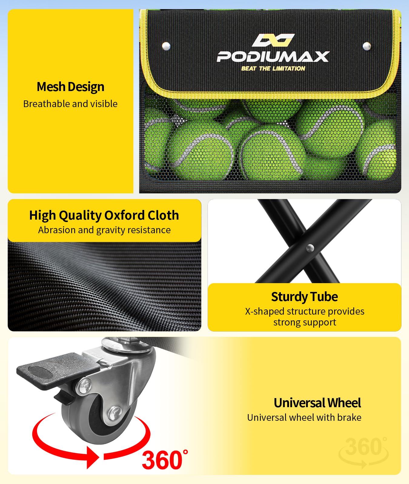 PodiuMax Pickleball - Tramoggia per palline da tennis, contiene 180 palline da tennis o 150 sottaceti, pieghevole, per uomini, donne, adolescenti, impermeabile, per studenti e allenatori