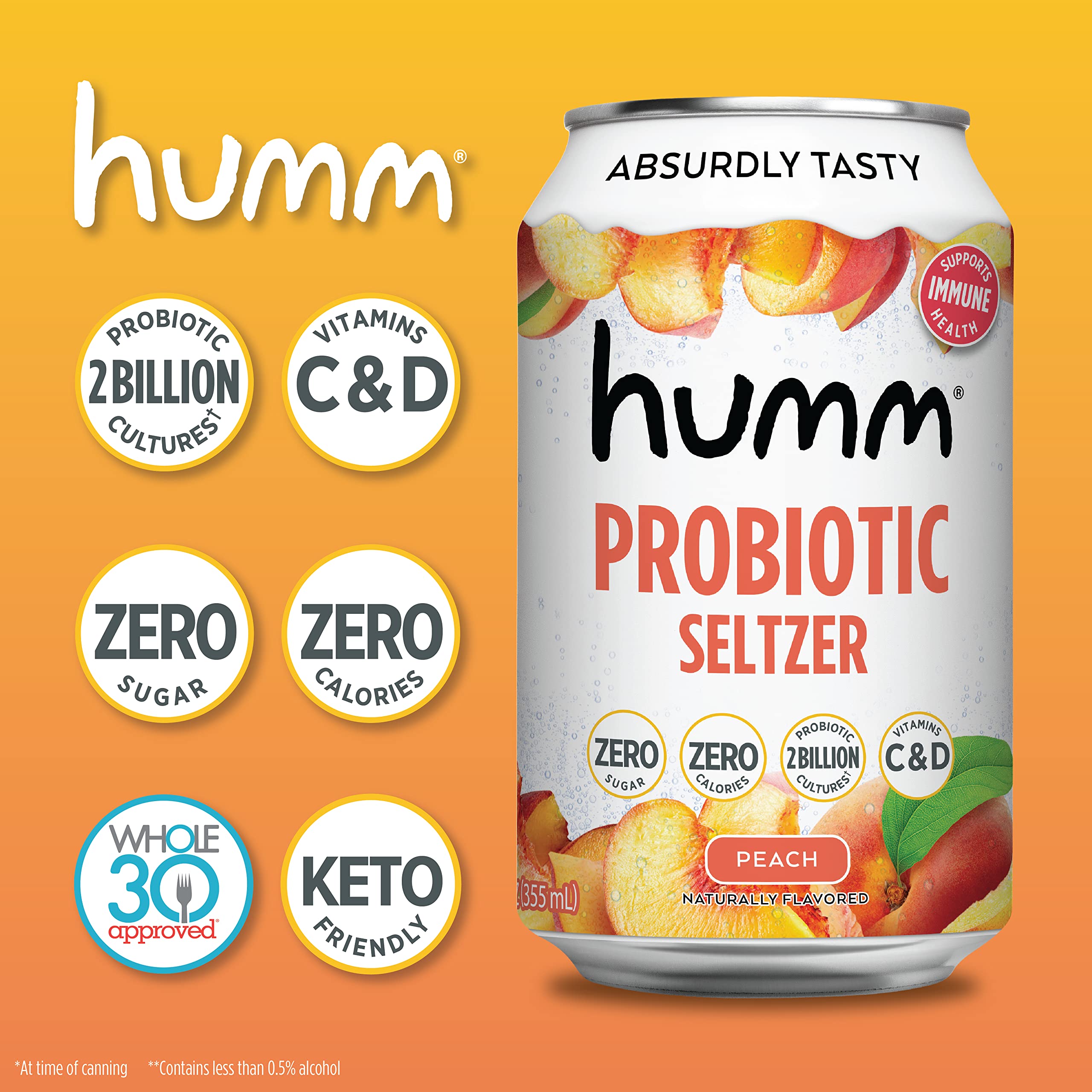 Humm Peach Sparkling Water Zero Sugar, Zero Calorie