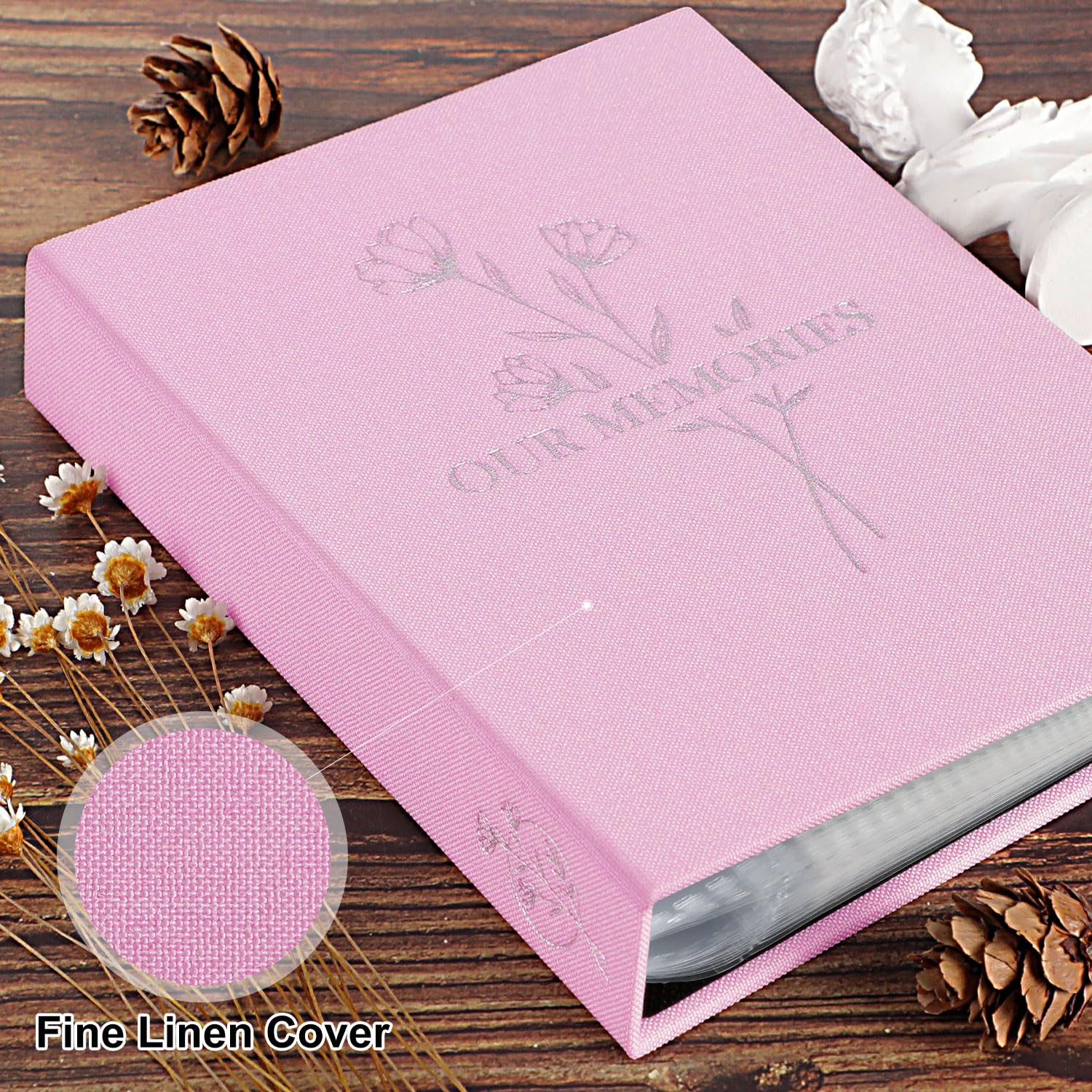 Lanpn Lino Album Fotografico 10x15 50 Tasche 2 Confezioni, Our Memories Piccolo Mini Biancheria Album Foto Portafoto Verticale Tascabile Tasca (Rosa)