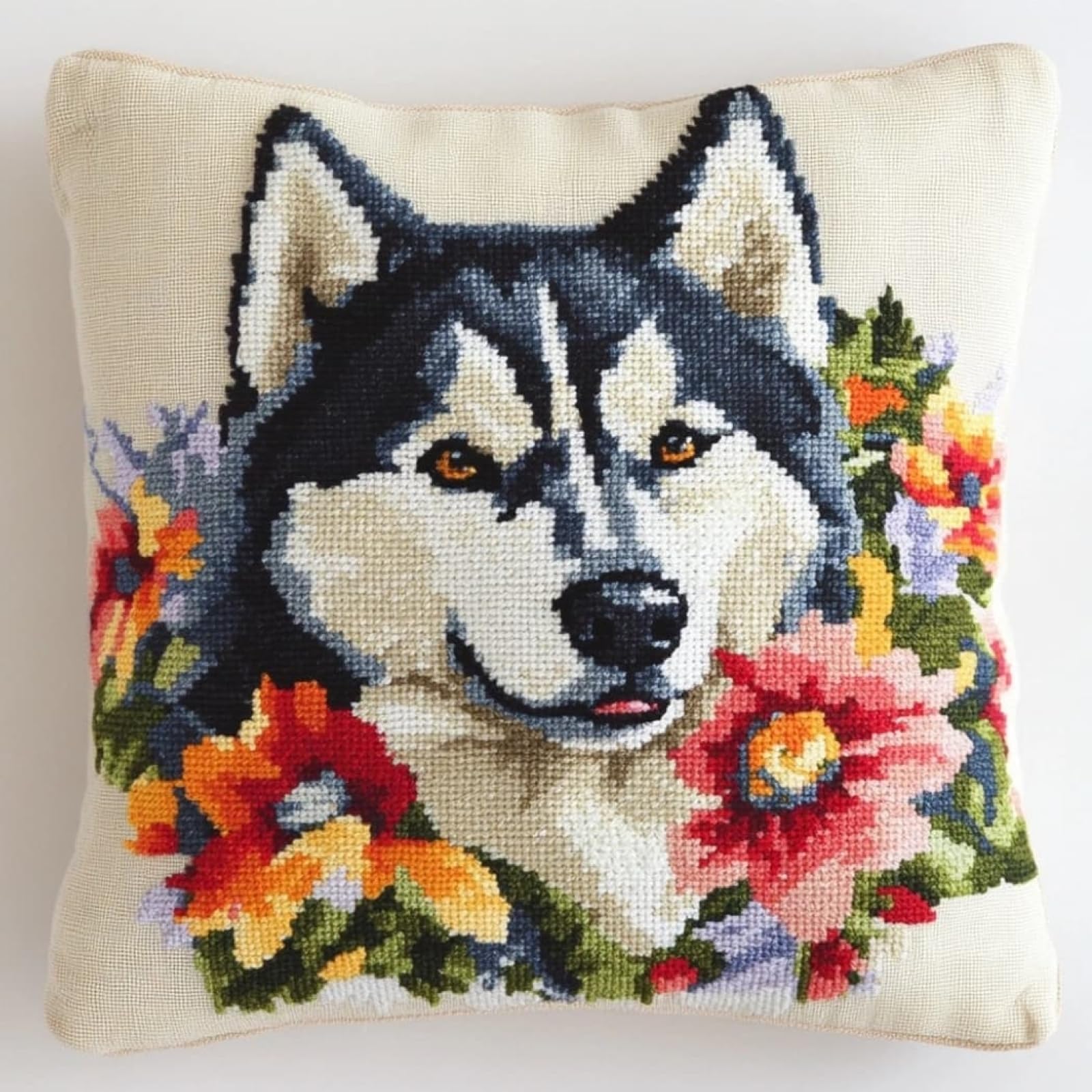 WallustrioaW DIY Needlework Cushion Kit,Husky and Flower,Embroidery Pillow Cross Stitch Pillowcase DIY Printed Cross Stitch Pillow Kits,45x45cm