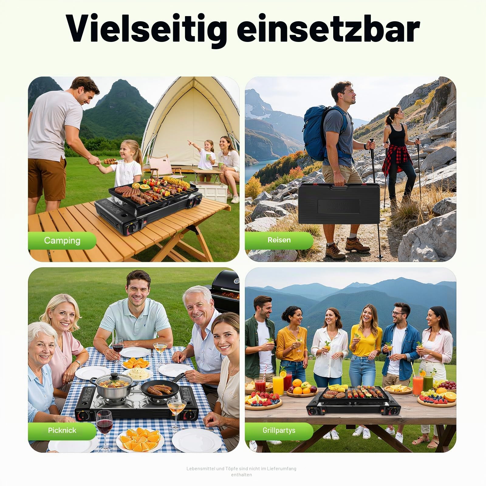 2in1 Gas Kocher 2500W, tragbarer Campingkocher mit Grillplatte & Tragekoffer, 2-flammiger Gasgrill für Outdoor & Reisen