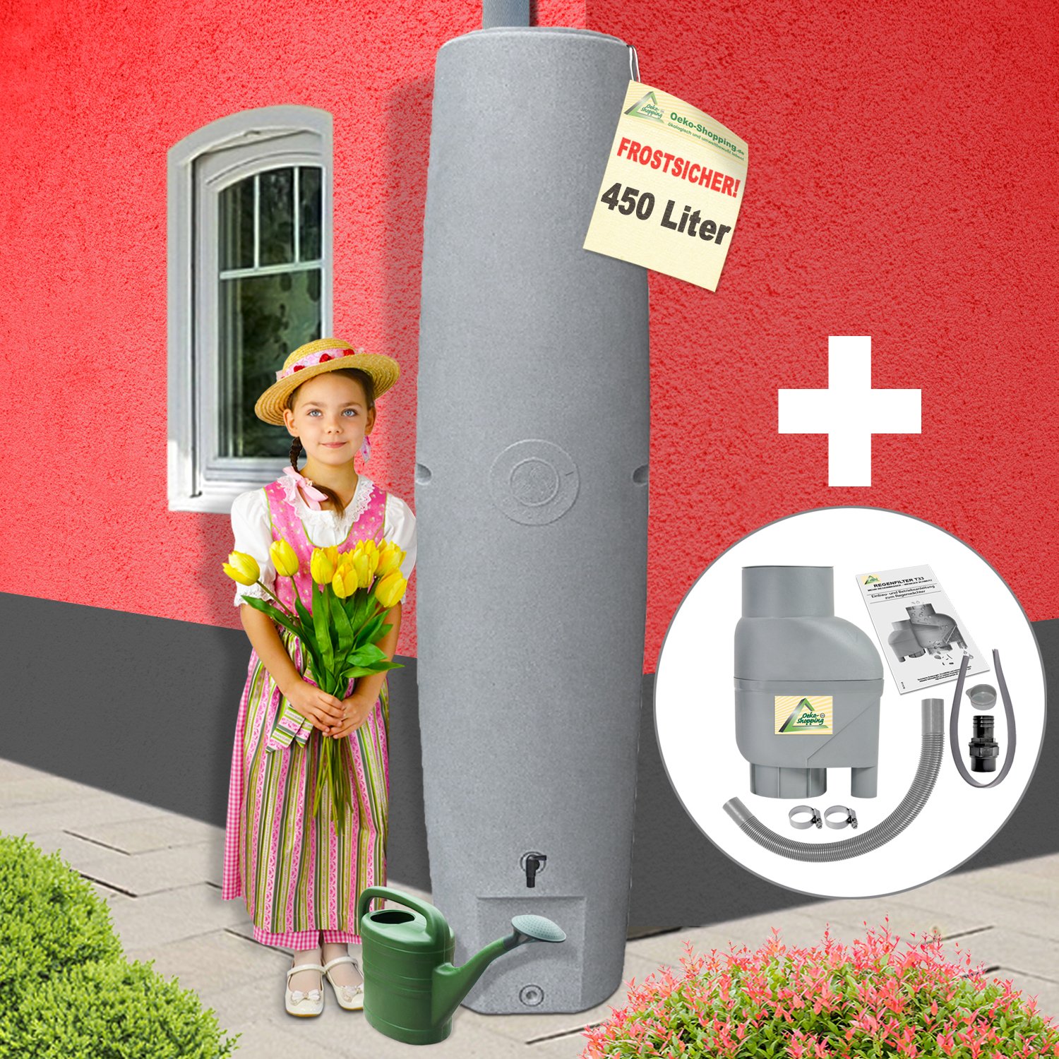 Regentonne, Regenwassertonne, Regenfass, Säule - das schlanke Regen-Wasser-Fass! Kompakt und praktisch mit viel Volumen auf Kleinster Stellfläche (Granit-grau 450l mit Regenfilter T33 Grau)