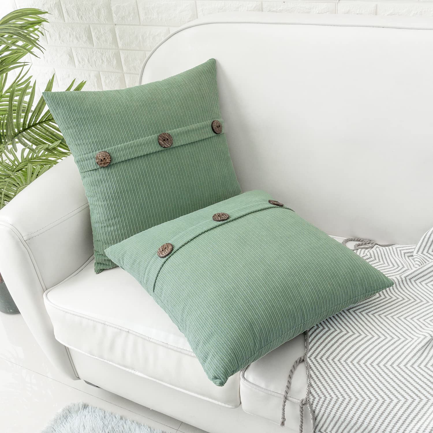 HWY 50 Sage Green Spring Chenille Cushion Covers 40cm x 40cm (16"x16") with Triple Buttons, Set of 2 - Image 4