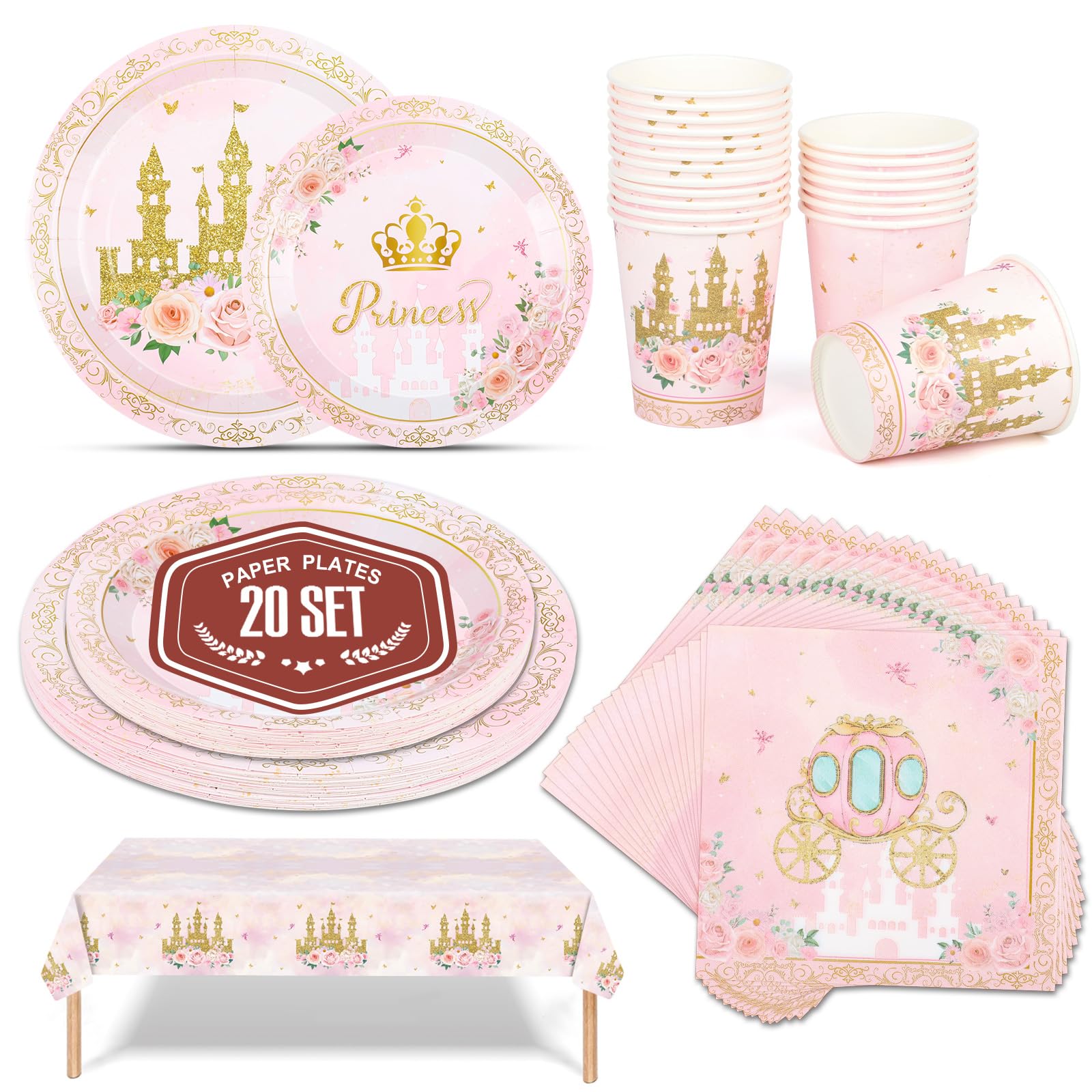 iuqiepo 101 Pcs Castle Party Plates Disposable Cutlery Set, Party Plates Cups and Napkins, Afternoon Tea Decorations, Pink BirthdayParty Decorations (Set of 20)