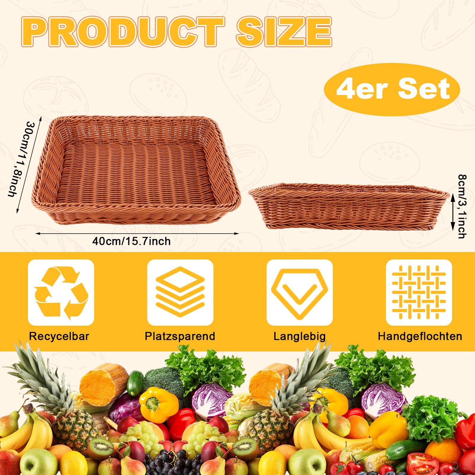 AKOLAFE 4 Pièces Corbeille a Pain en Osier 40 x 30 x 8 CM Panier Pain Empilables Panier a Pain de Service Brun Panier Osier Rectangulaire Corbeille Osier pour Pain, fruit, Légume, Ustensile de Cuisine