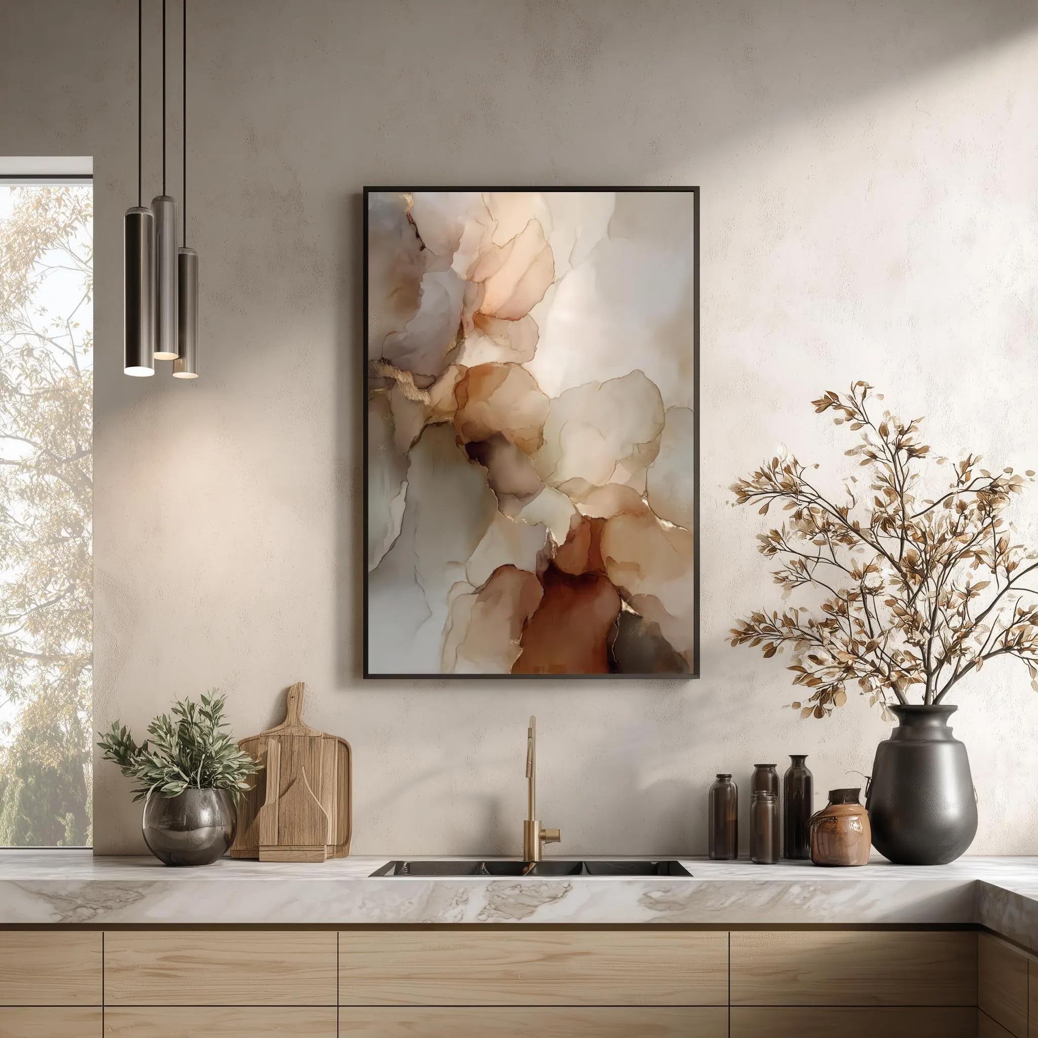 UUDEZO Beżowo-złoty plakat boho, elegancka dekoracja mieszkania – neutralna abstrakcyjna sztuka ścienna (30 x 45 cm (12 x 18 cali)