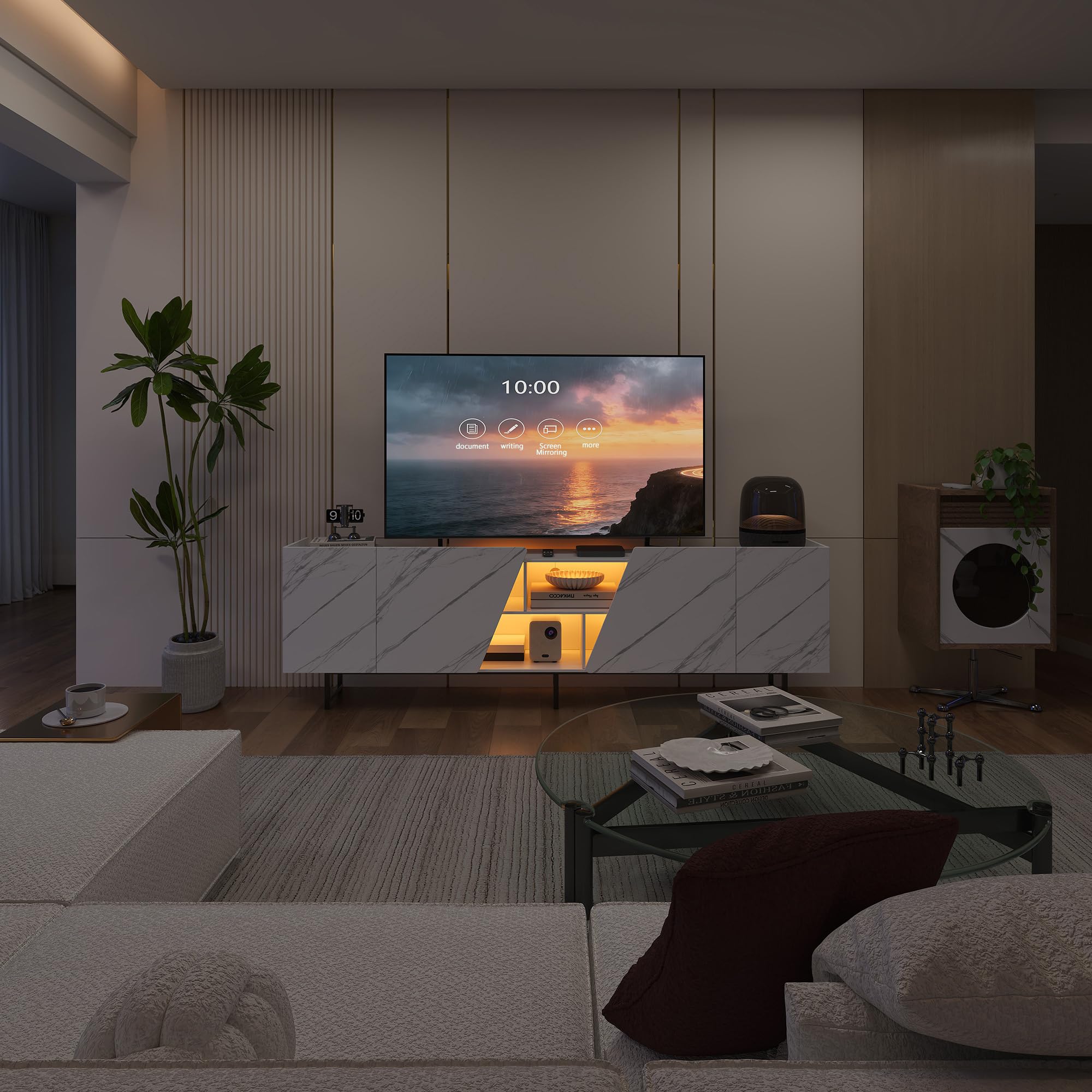 Armadio TV con LED - Mobile TV con 4 porte - Mobile TV basso - Comodino - Mobile TV con spazio aperto per soggiorno, sala da pranzo, camera da letto - Bianco - 220 x 34 x 67 cm