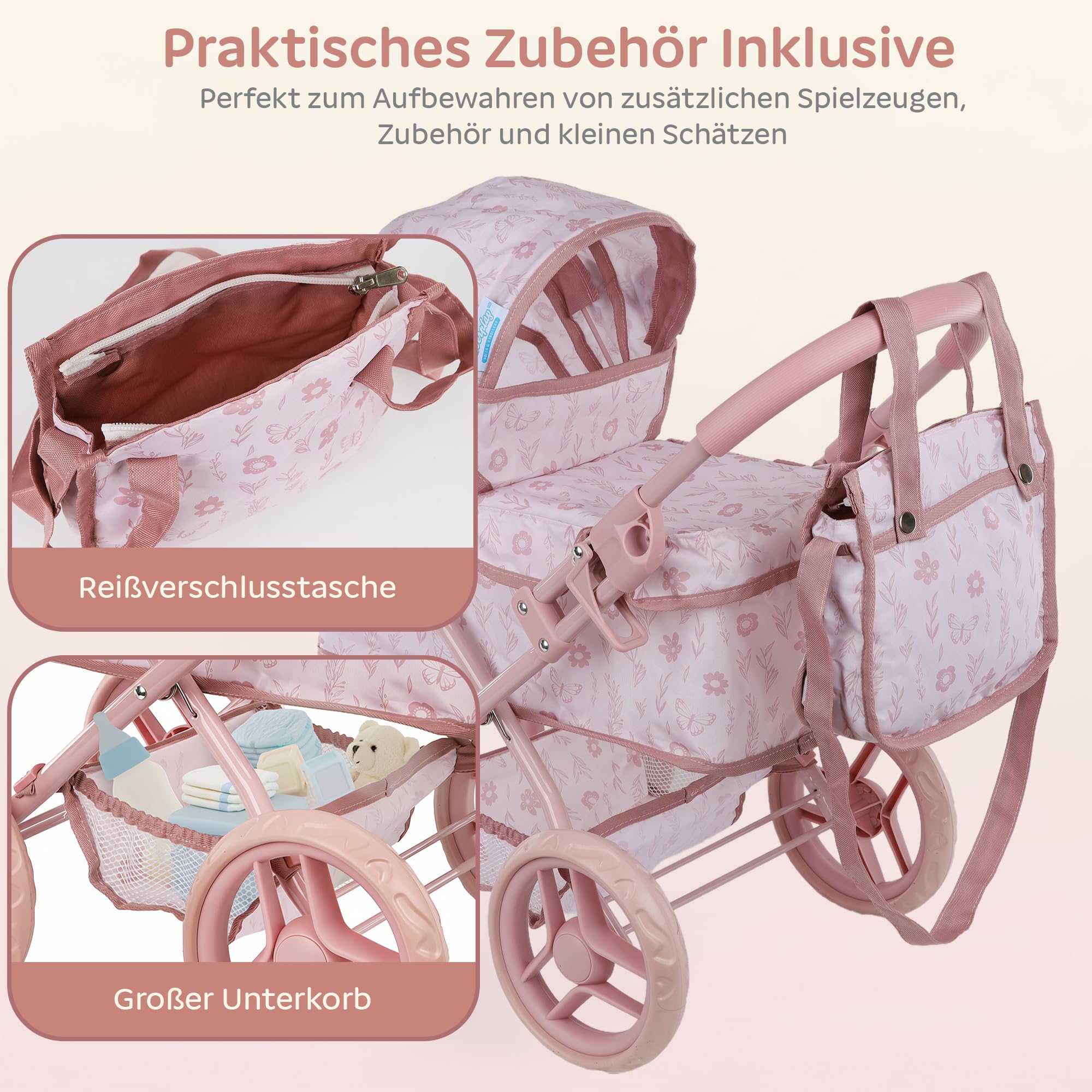 Kinderplay wózek dla lalek od 3 lat – Głęboka gondola z torbą i koszem – Lekka konstrukcja z cichymi piankowymi kołami – Wózek-zabawka dla lalek do 30 cm