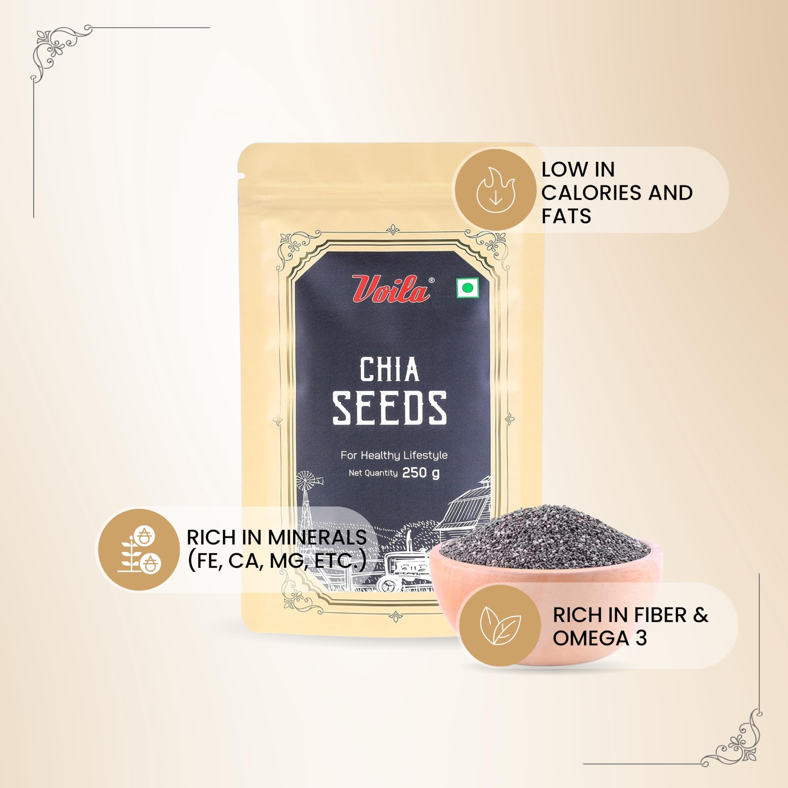 Voila Chia Seeds 250g | Premium Quality Natural Chia Seeds | Rich Source of Plant-Based Protein, Dietary Fiber & Omega-3 Fatty Acids | Superfood for Smoothies, Oatmeal, Yogurt, Salads, Baking & Healthy Recipes | Vegan & Vegetarian Friendly | Hygienically Packed| Rich In Omega - 3 | High Protein & Fiber