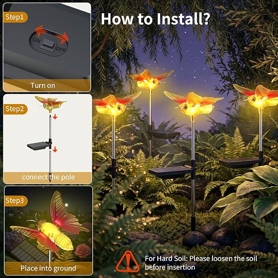 Solar Garden Light 2 Pieces Butterfly Outdoor Lamp: Large Ultra-Bright LEDs, IP67 Oscillating Wings Lighting 20H+, Auto ON/OFF, Decorative for Lawn, Terrace Paths [Energy Class A]