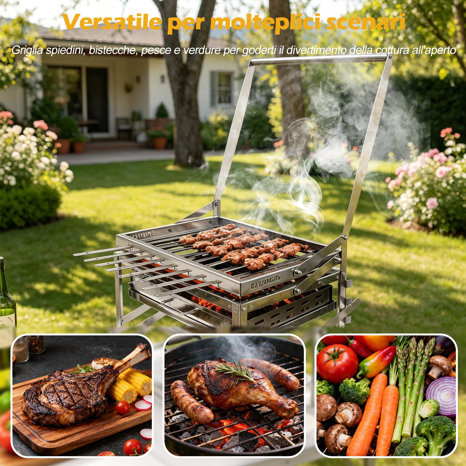 Ergocar Griglia a Carboneesterno In Acciaio Inossidabile Con Spiedini Portatile Girevole e Regolabile In Altezza 4 Ripiani Per Il Carbone Adatta Per Più Persone Ideale Per Picnic Campeggio e Grigliate